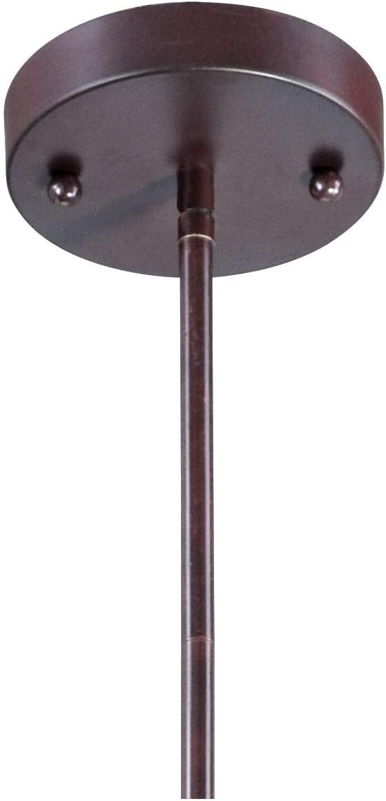 Close-up underside view of the round bronze-finish canopy and the top of the straight downrod.