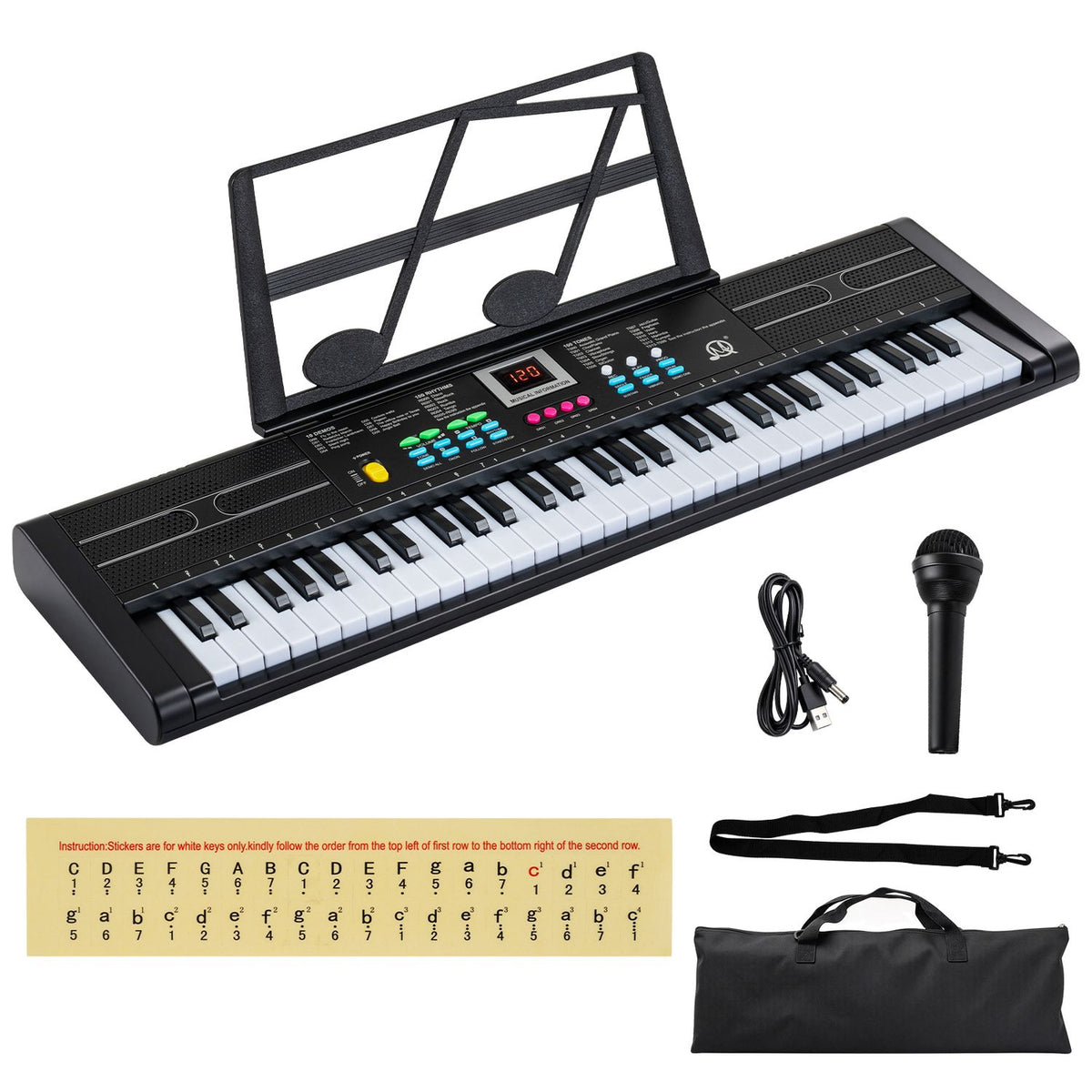 A black keyboard shown with a microphone, cable, carrying bag, and music sheet.