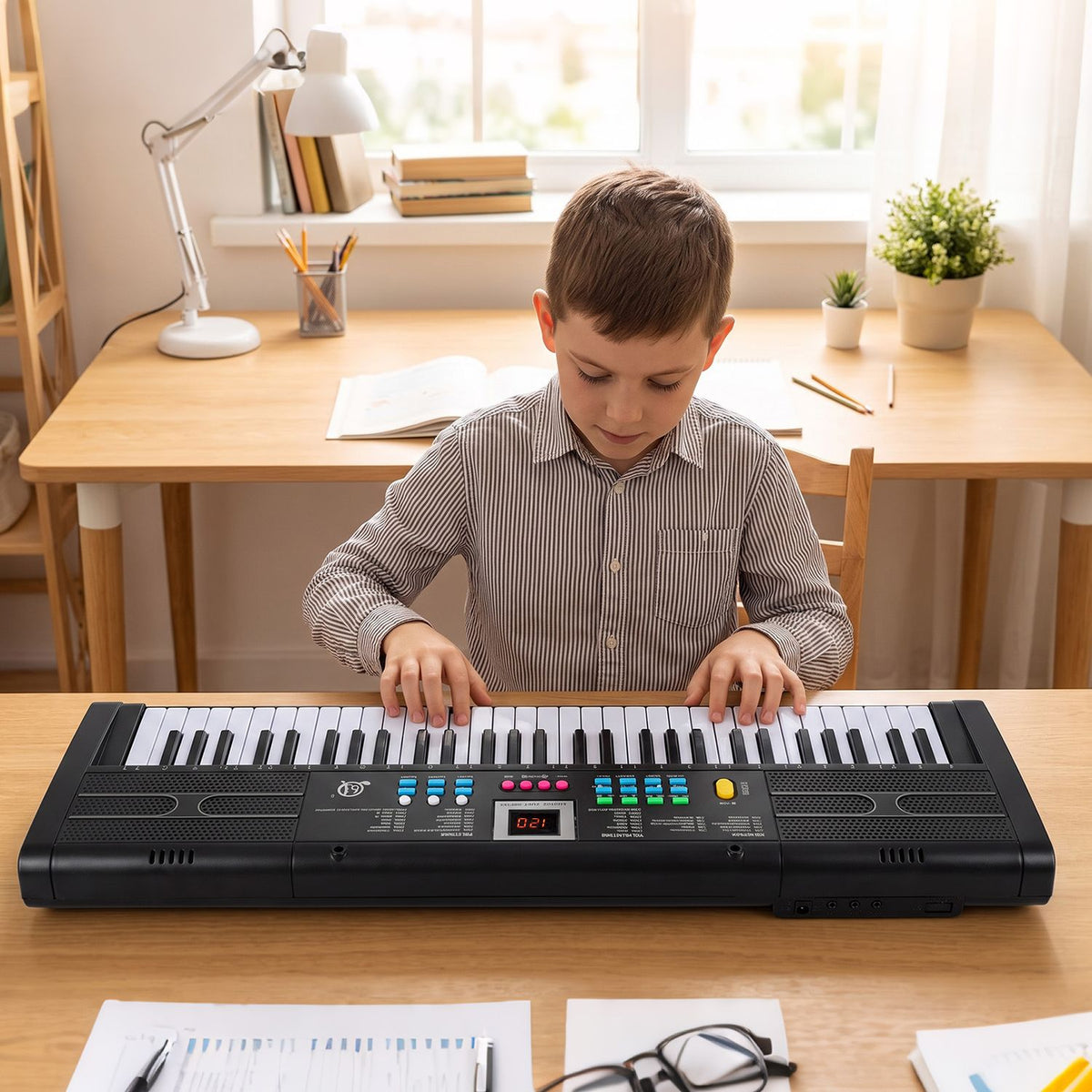A boy plays a black keyboard at a desk in a bright study area.
