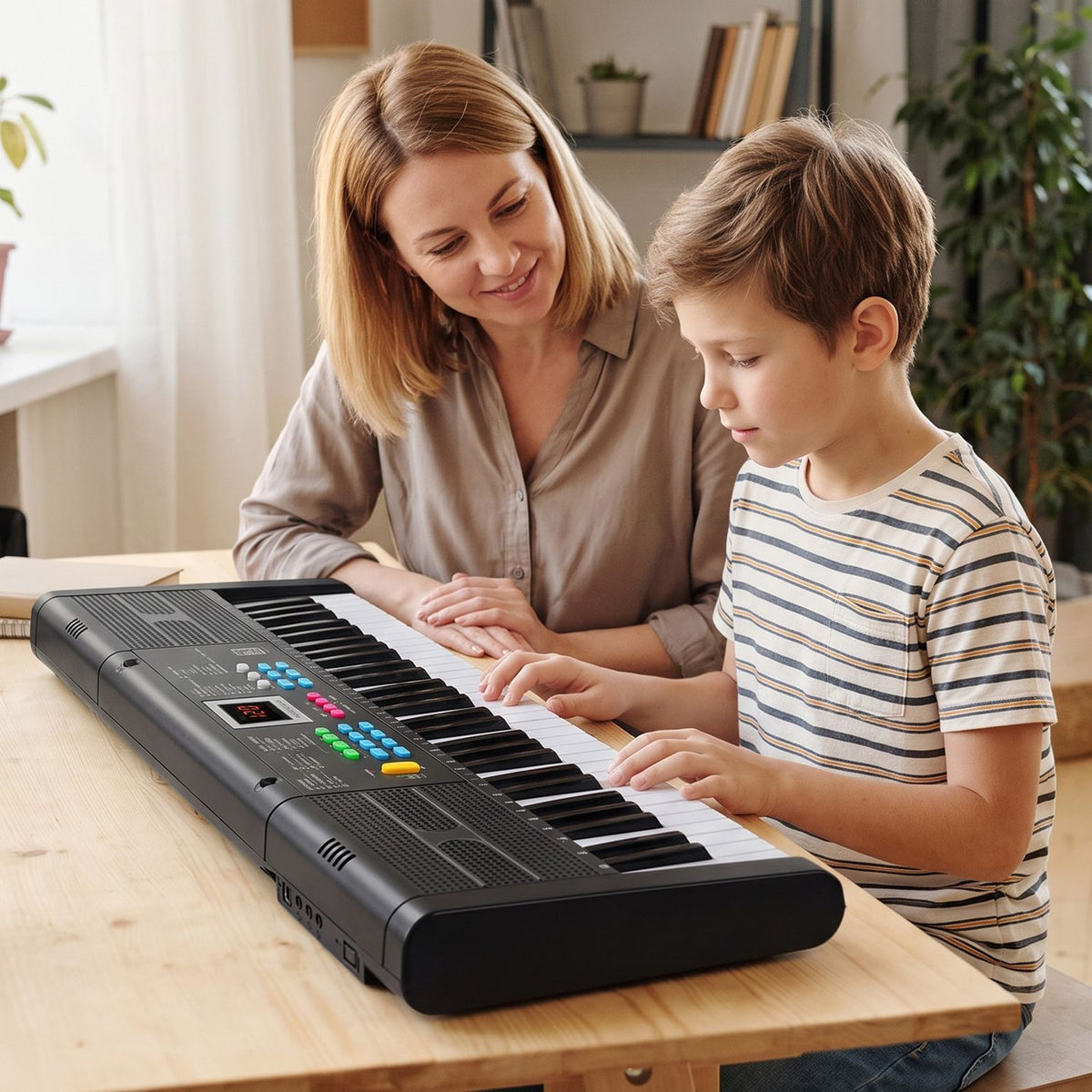 A woman watches as a boy plays a black keyboard on a table.
