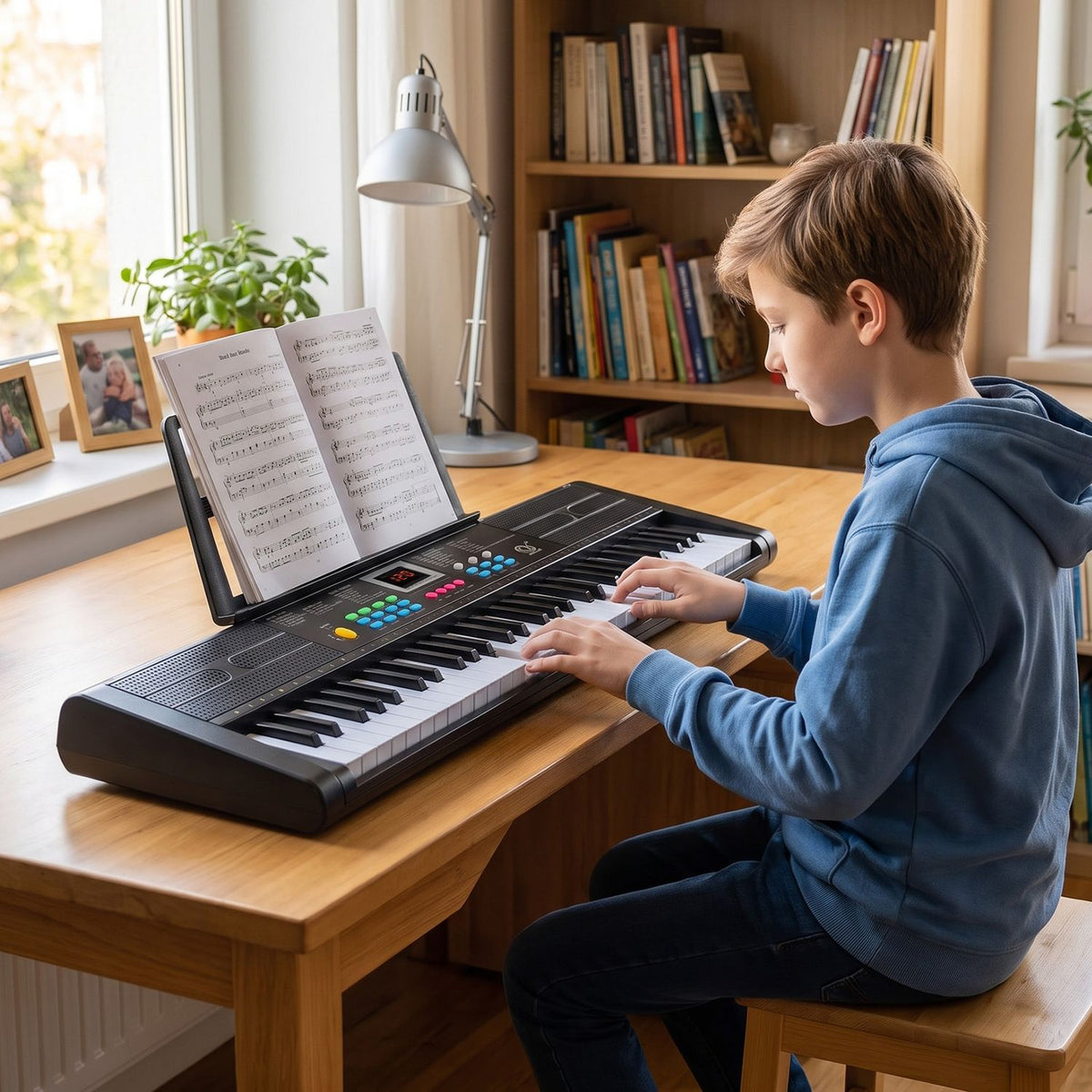 A boy plays a black keyboard at a wooden desk, with sheet music on its stand.