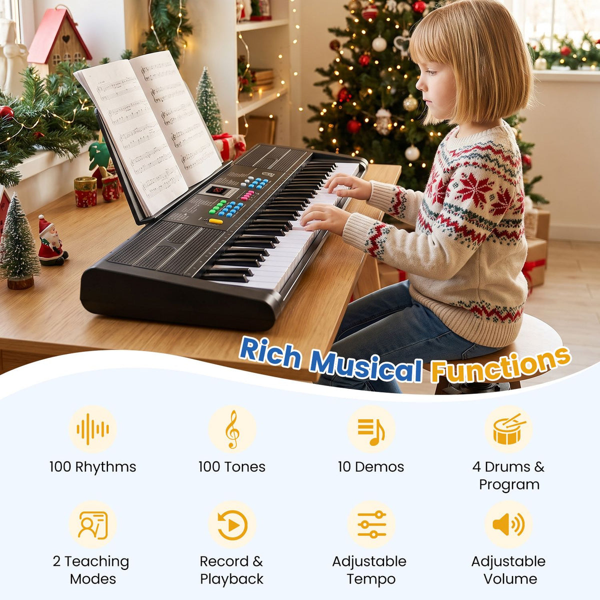 A girl plays the keyboard beside a music book, with a decorated Christmas tree behind her.