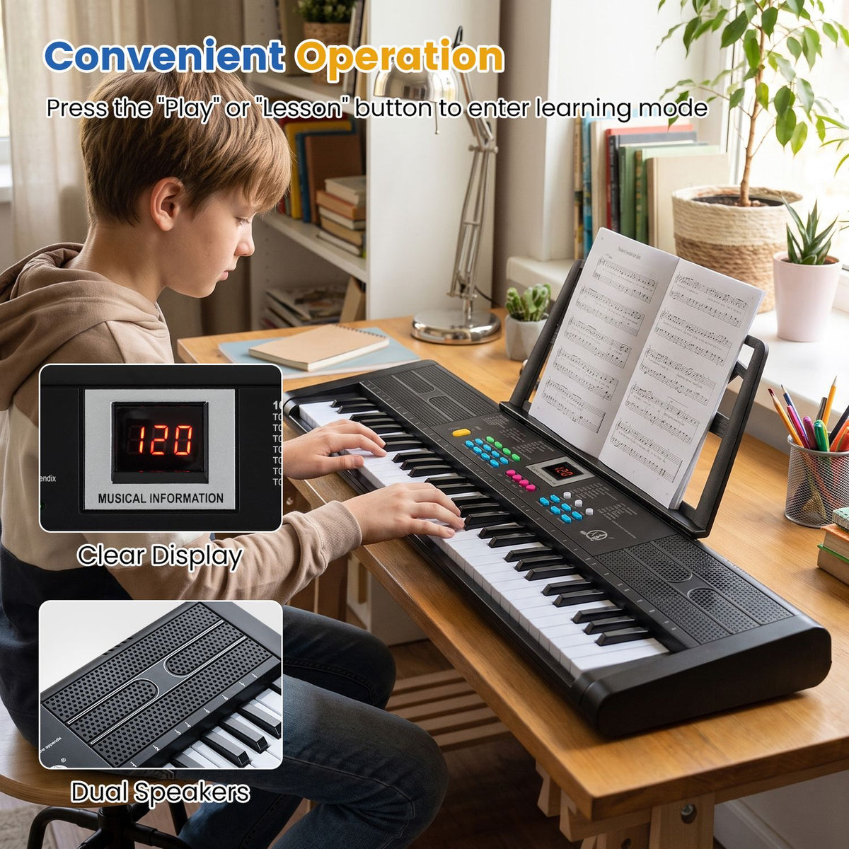A boy plays the keyboard with sheet music displayed; inset views show its screen and speaker grilles.