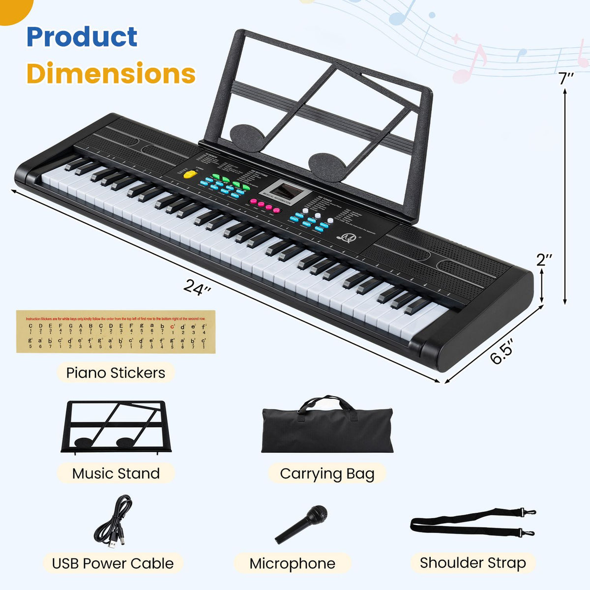 Black keyboard shown with its music stand, carrying bag, cable, microphone, shoulder strap and sticker sheet.