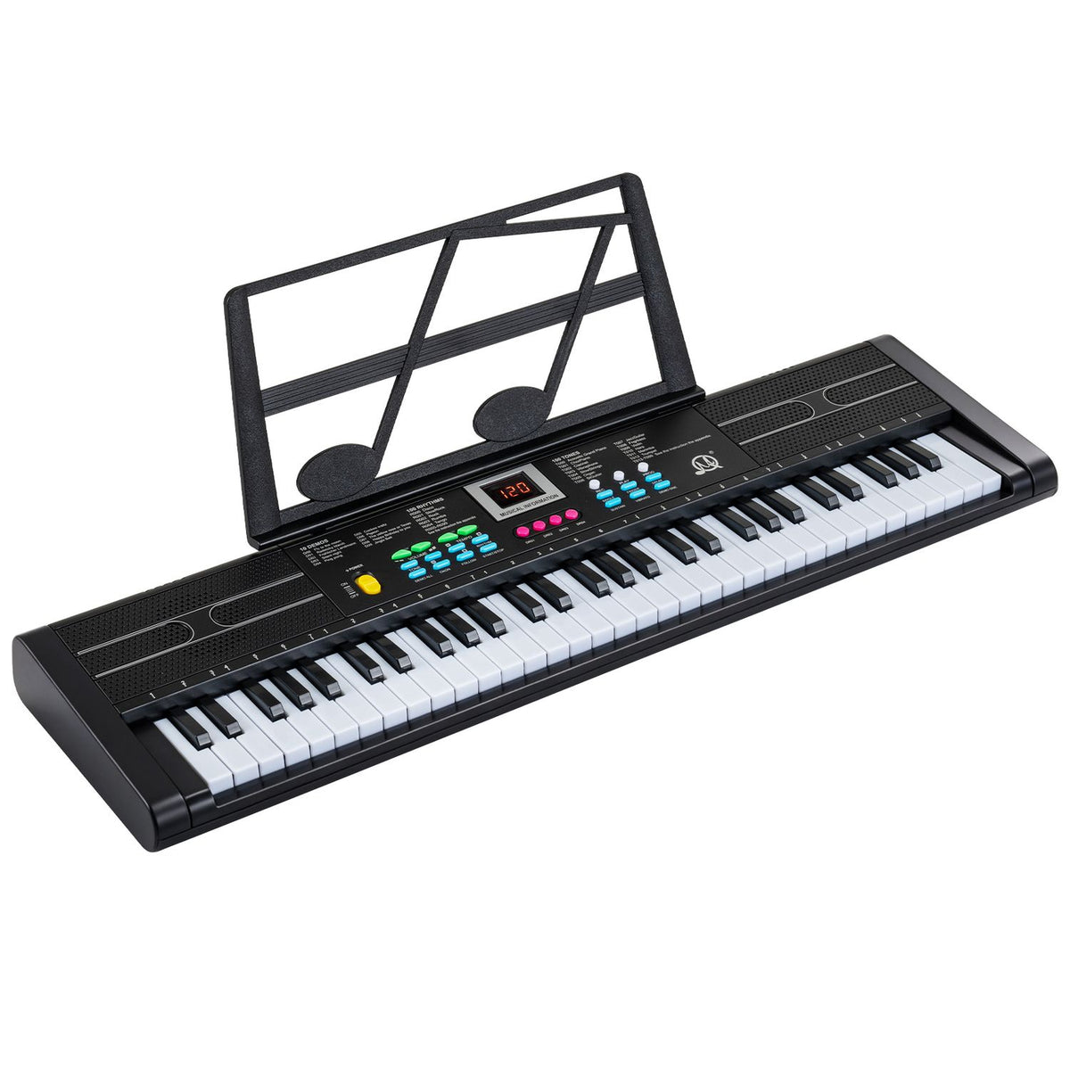 A black electronic keyboard with a music stand, shown against a white background.