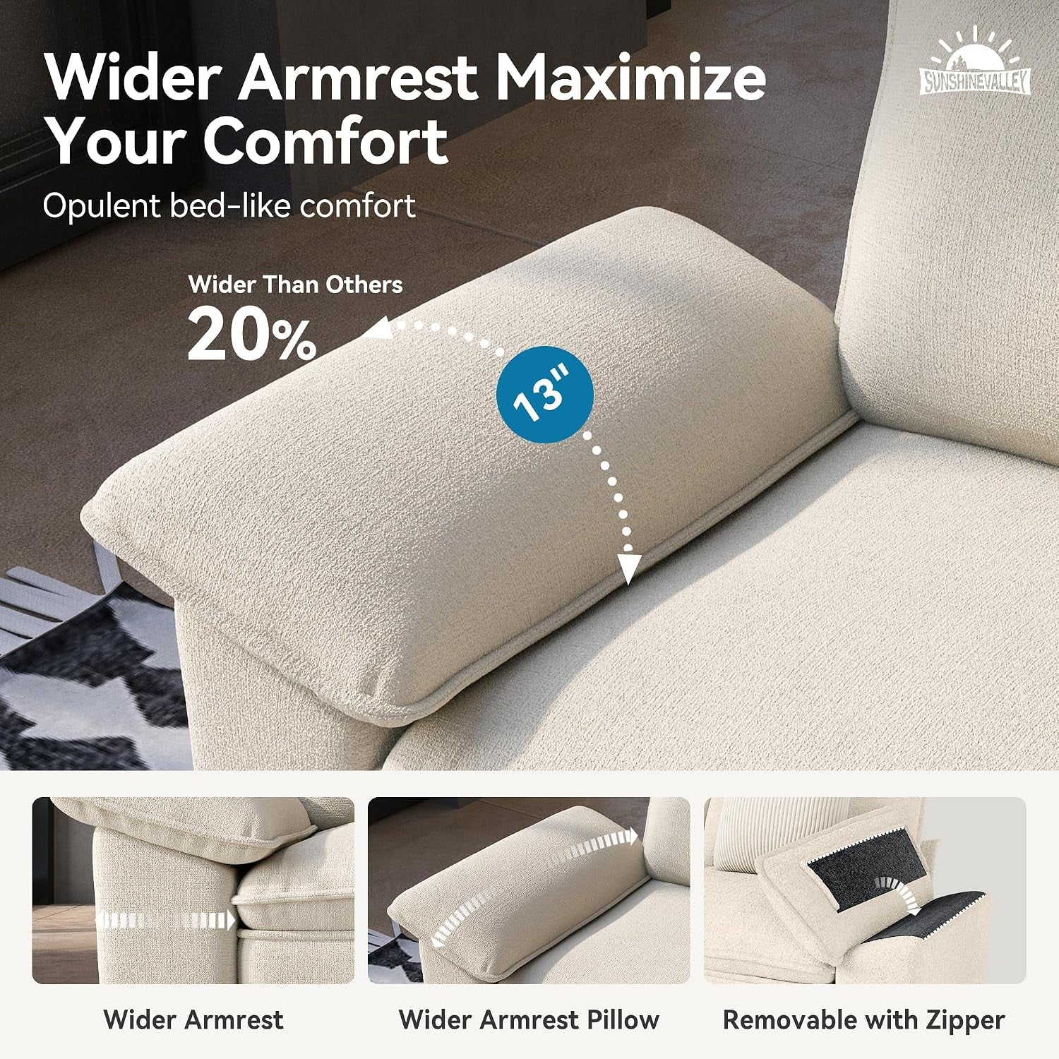 Close-up detail of a wide cream chenille armrest pillow resting on a matching sofa seat.