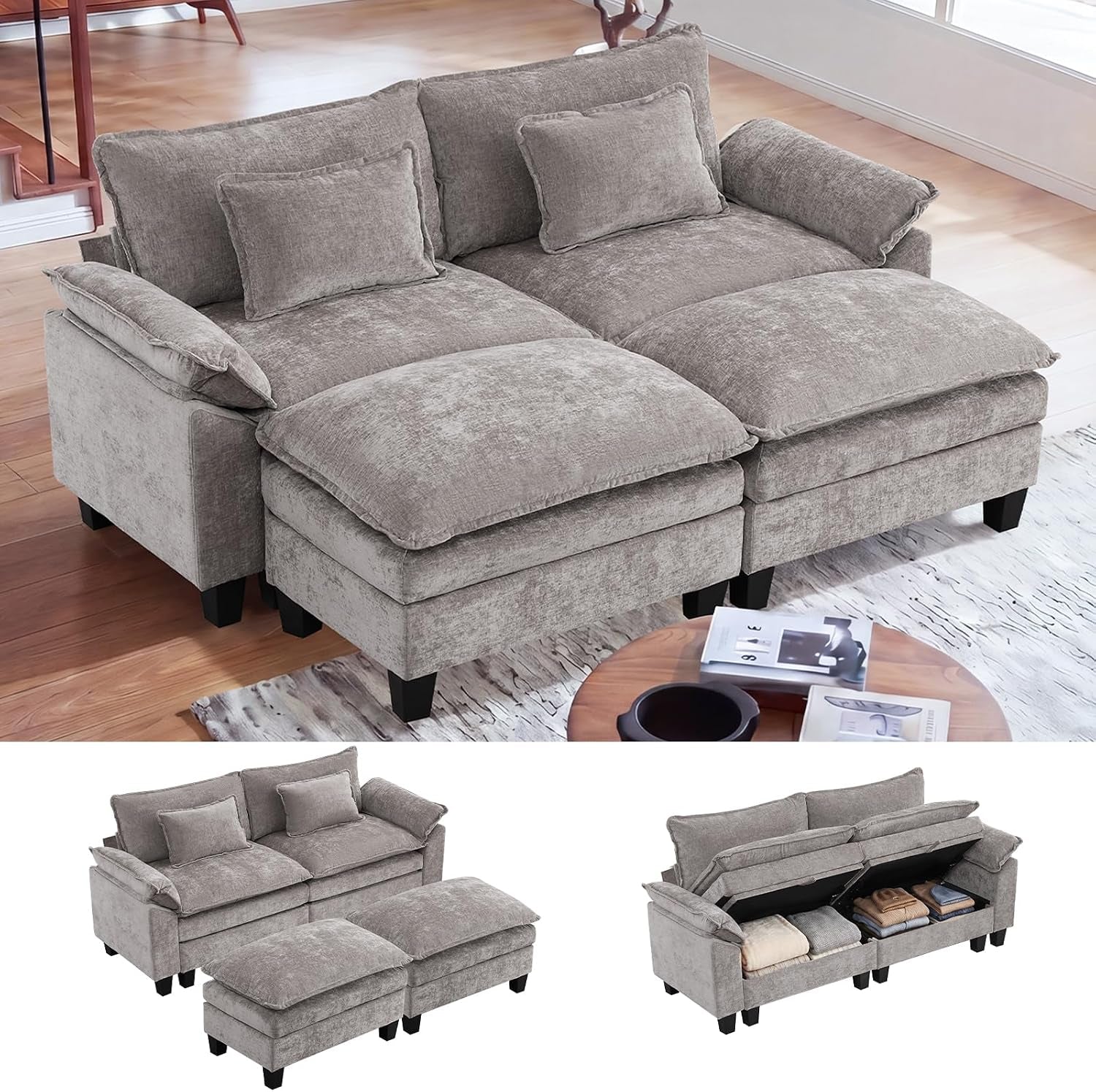 Light gray modular sectional with two ottomans pushed forward in a sunlit living room