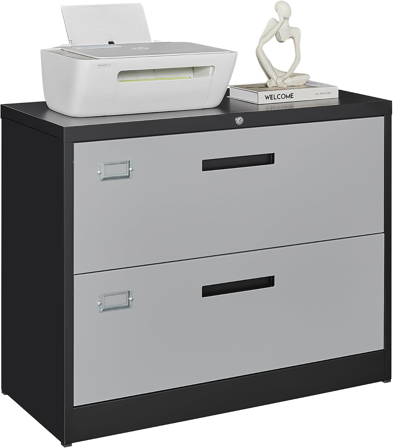 Two-tone filing cabinet with black frame and light gray drawer fronts, printer and decor on top.