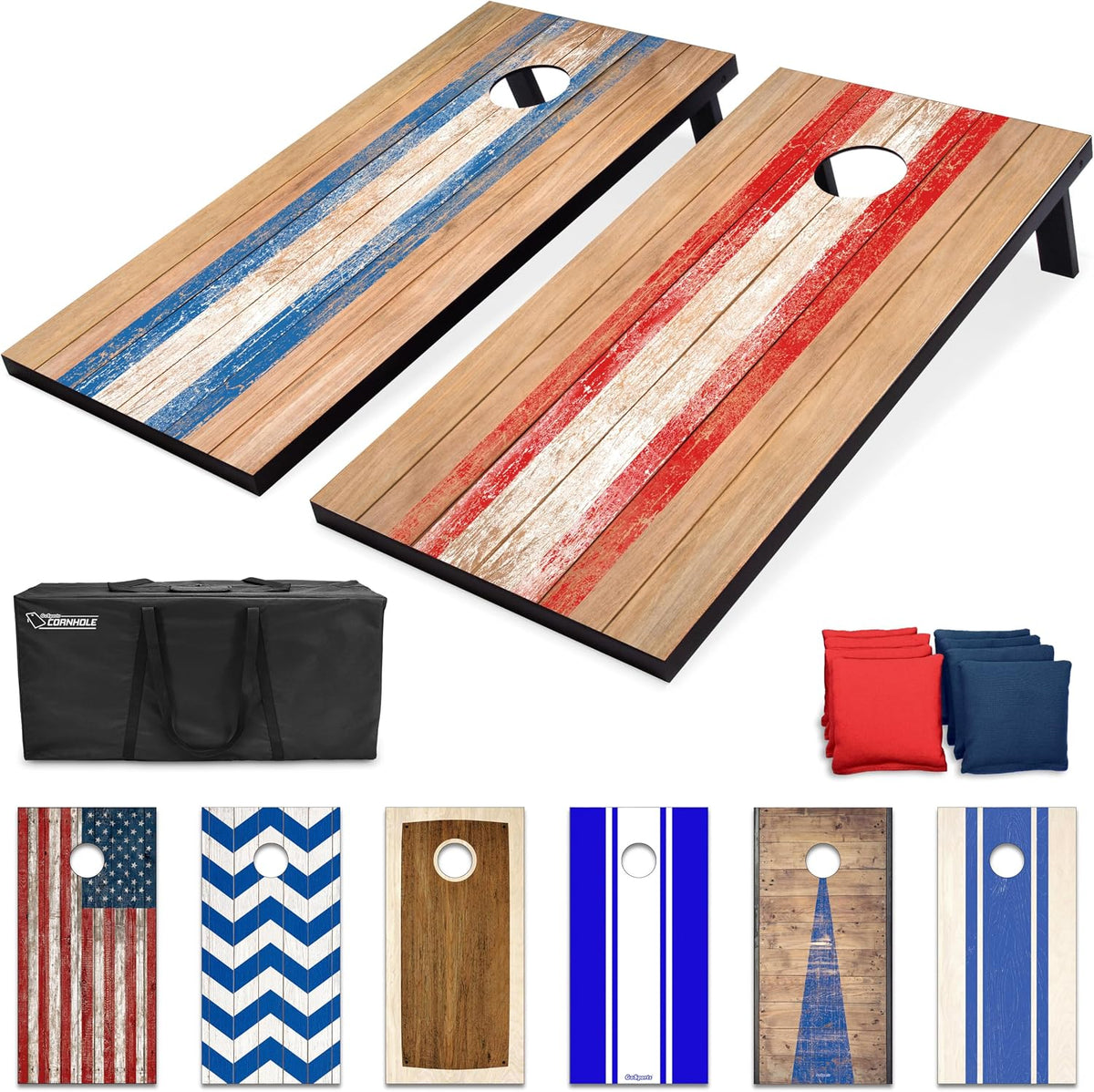 Two cornhole boards with natural wood-look tops and painted center stripes in blue and red, plus a black carrying case and
