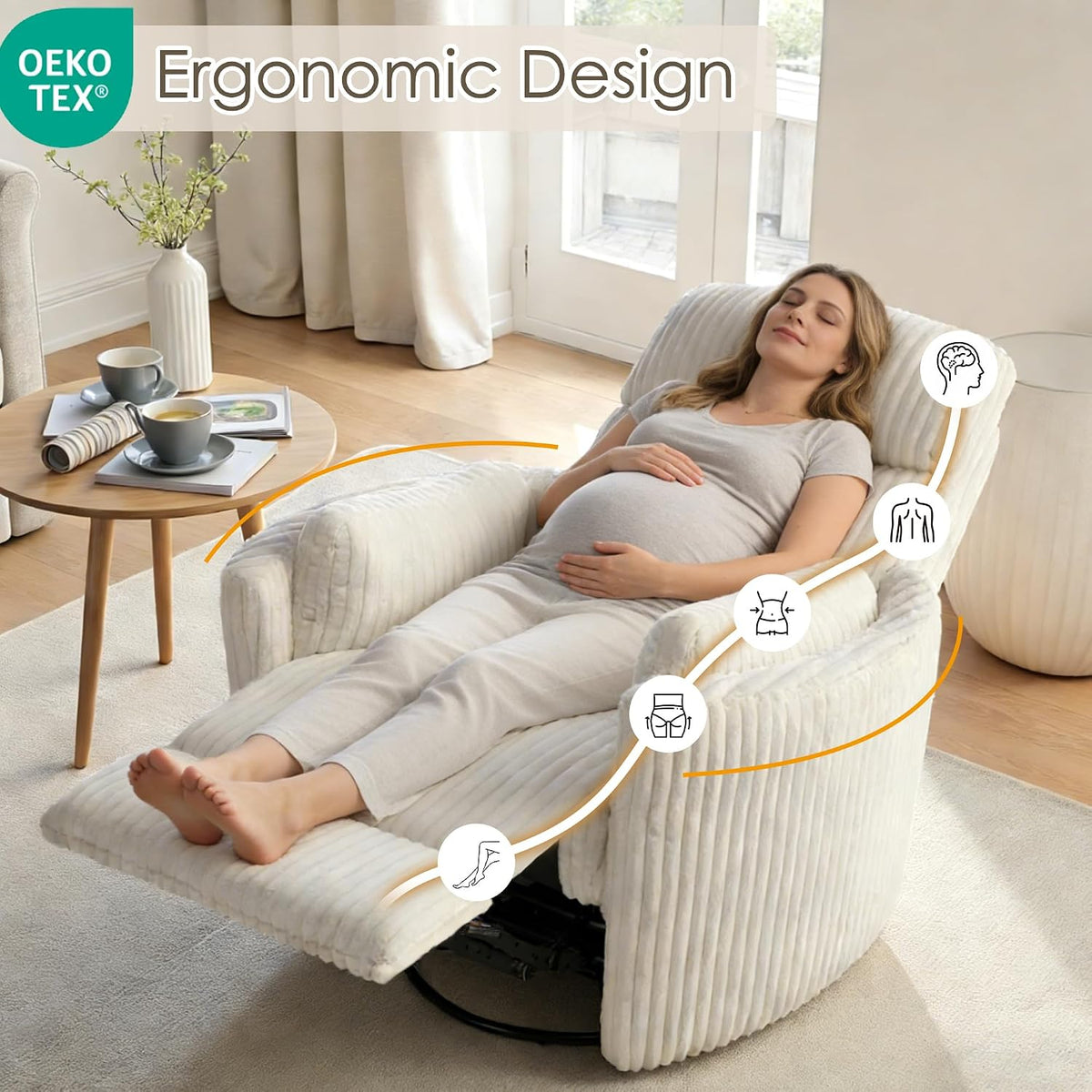 Pregnant woman lying back fully reclined on the beige rocker recliner with footrest out beside a small round table.