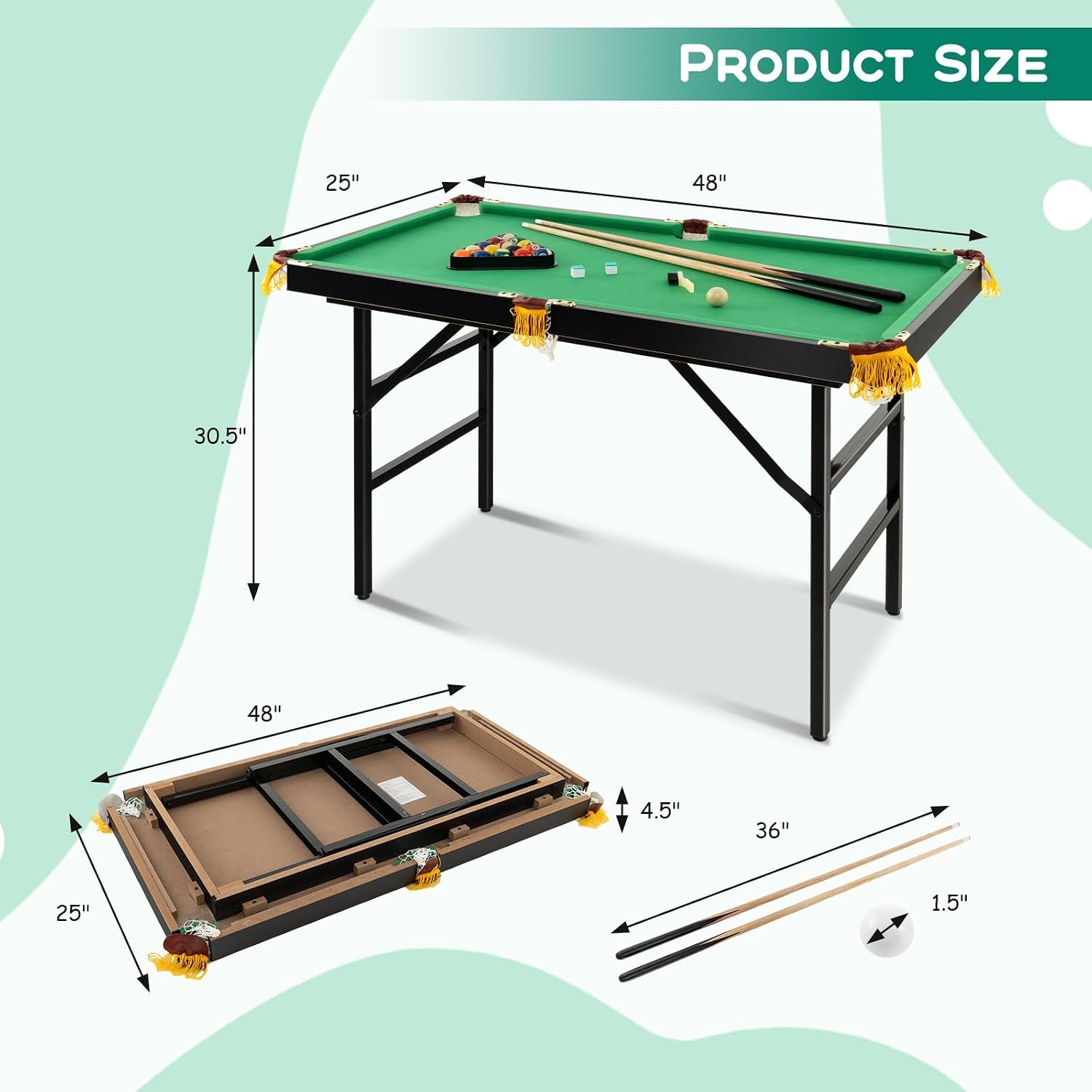 Angled view of the green pool table with arrows showing dimensions and a folded tabletop laid flat.