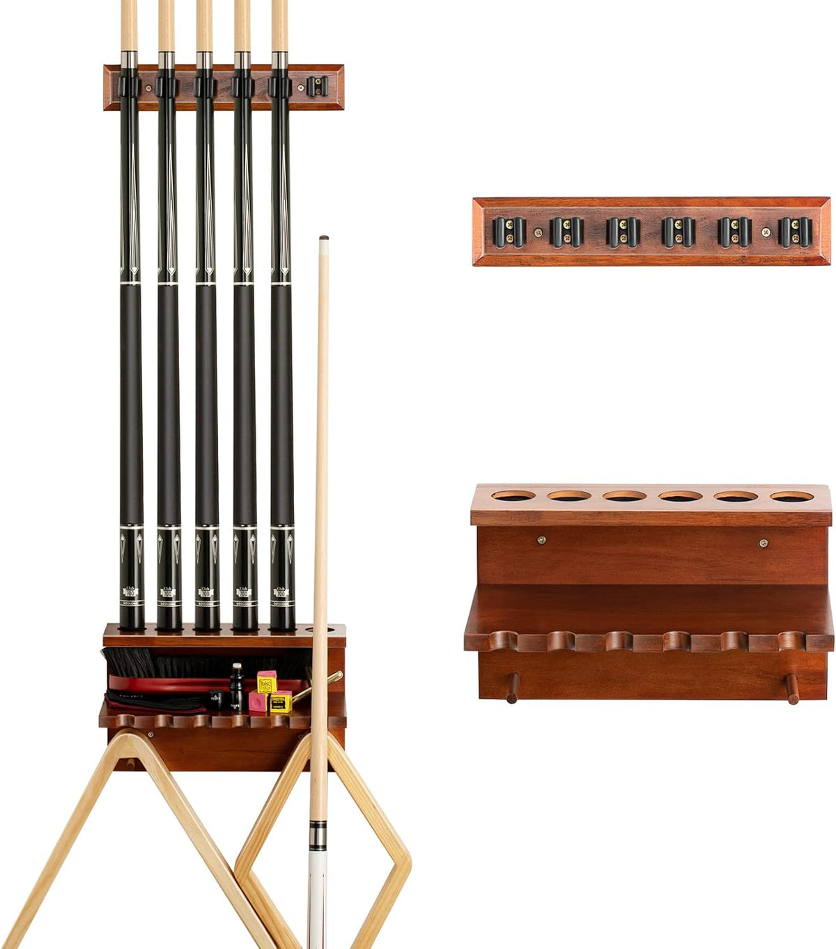 Three views of a wooden wall-mounted pool cue rack: cues stored in holders, separate top mounting strip, and shelf with six