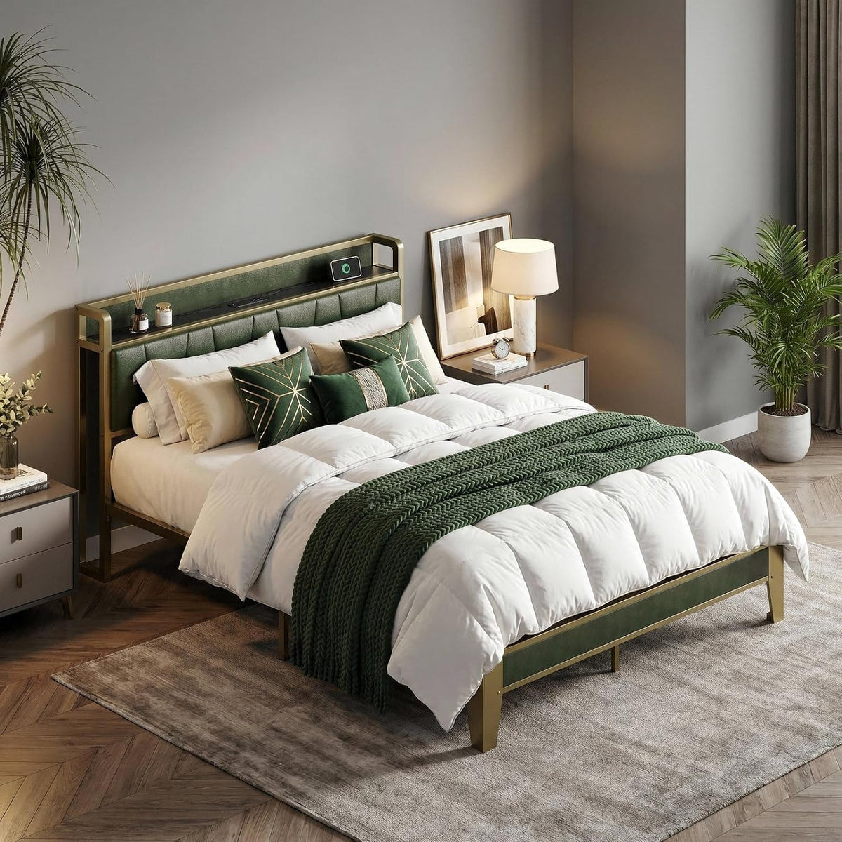 Angled bedroom view of a green upholstered headboard with built-in shelf and gold metal bed frame.