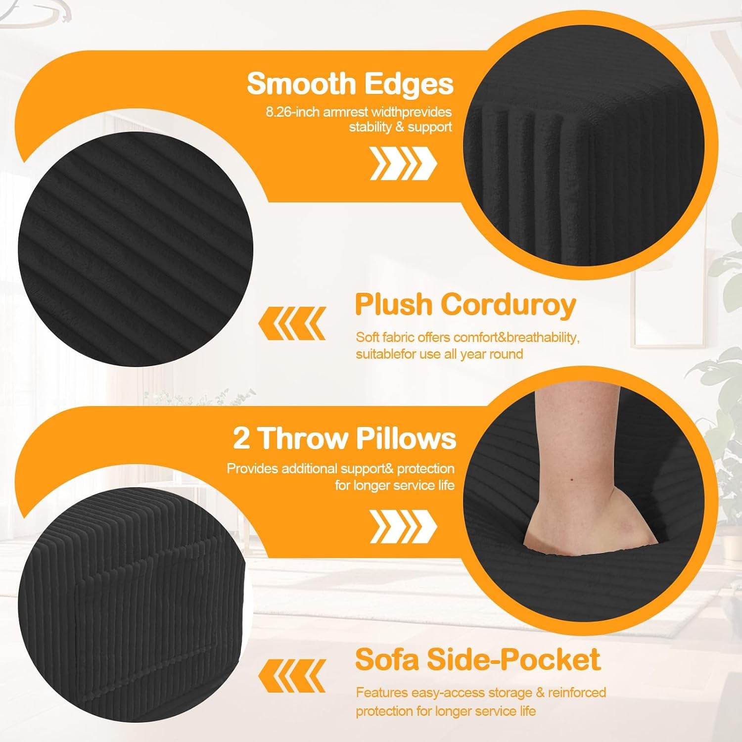 Close-up callouts showing corduroy fabric texture, armrest detail, throw pillow and side pocket