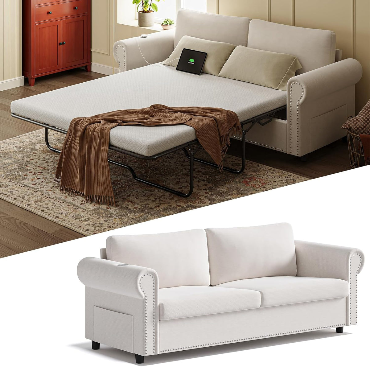 Beige pull-out sofa bed with queen mattress extended, angled front view in a living room