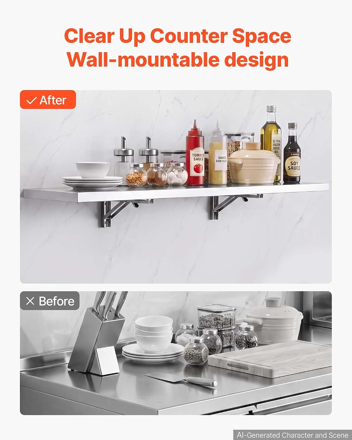 Split comparison: top shows a wall-mounted stainless shelf holding bottles and bowls; bottom shows a cluttered countertop in