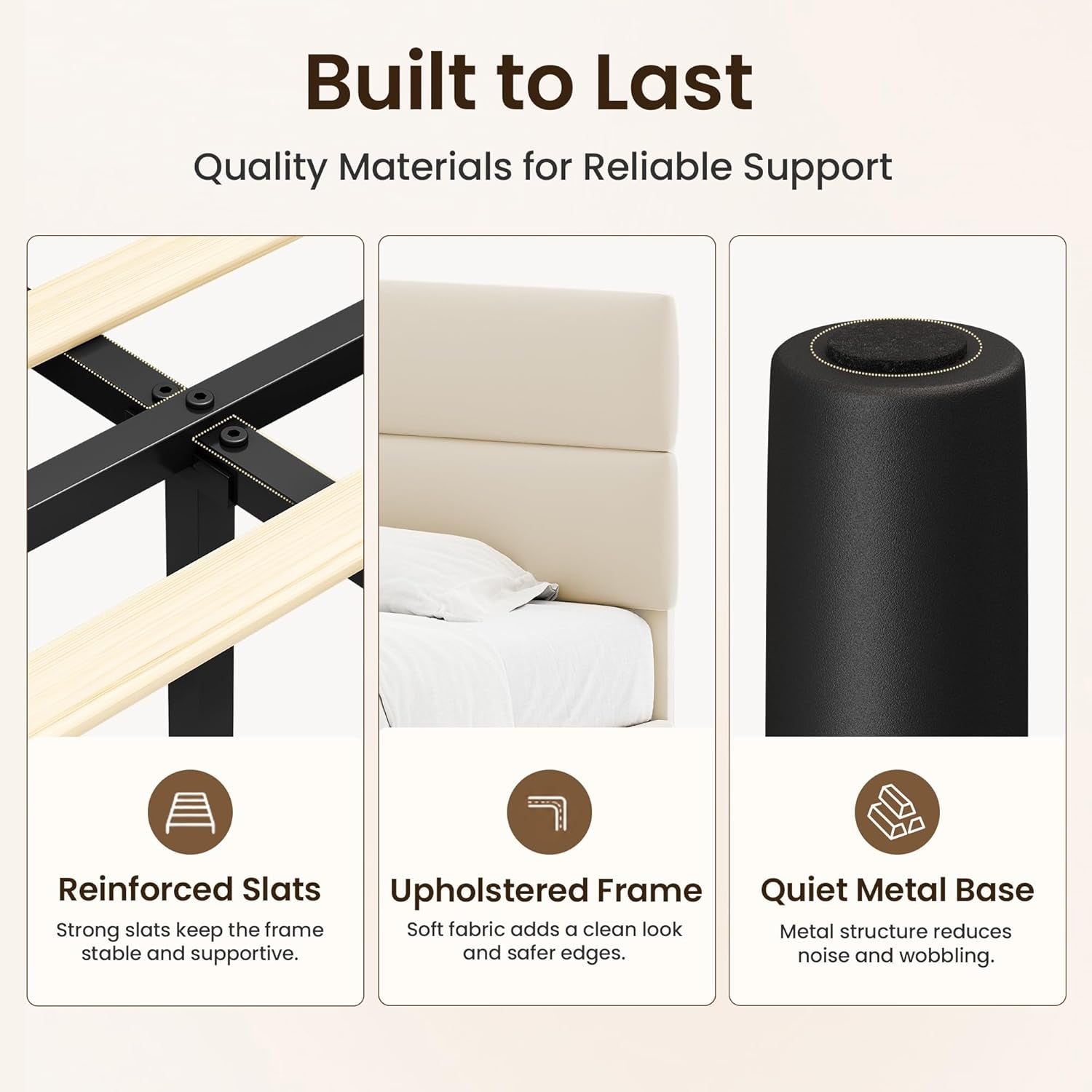 Construction infographic showing slats, the cream upholstered frame and a black base leg.