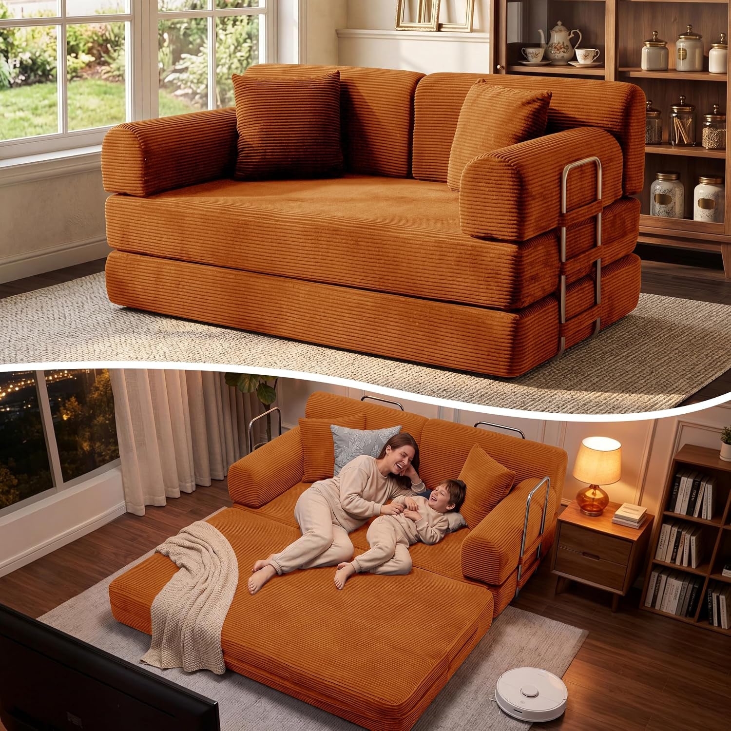 Black loveseat converted into a low sleeper with two people reclining on the expanded mattress.