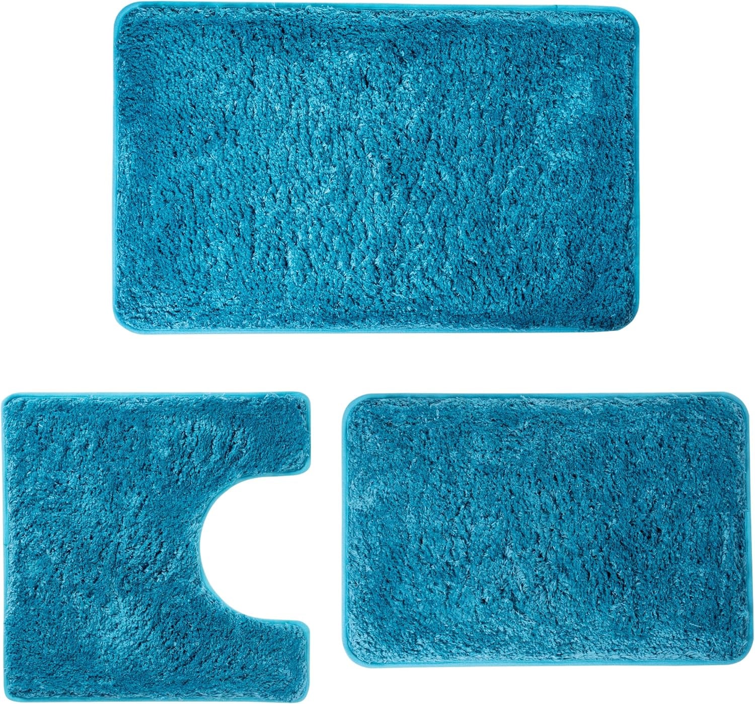 Flat lay of three turquoise plush bathroom mats: large rectangle, U-shaped toilet mat, and small rectangle.