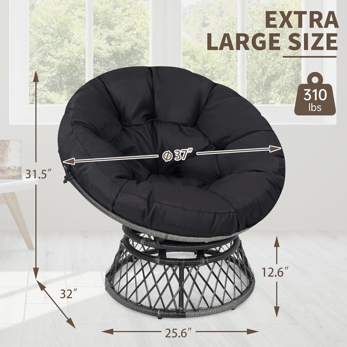 Front view of the round papasan chair cushion with arrows and measurements showing diameter and height.