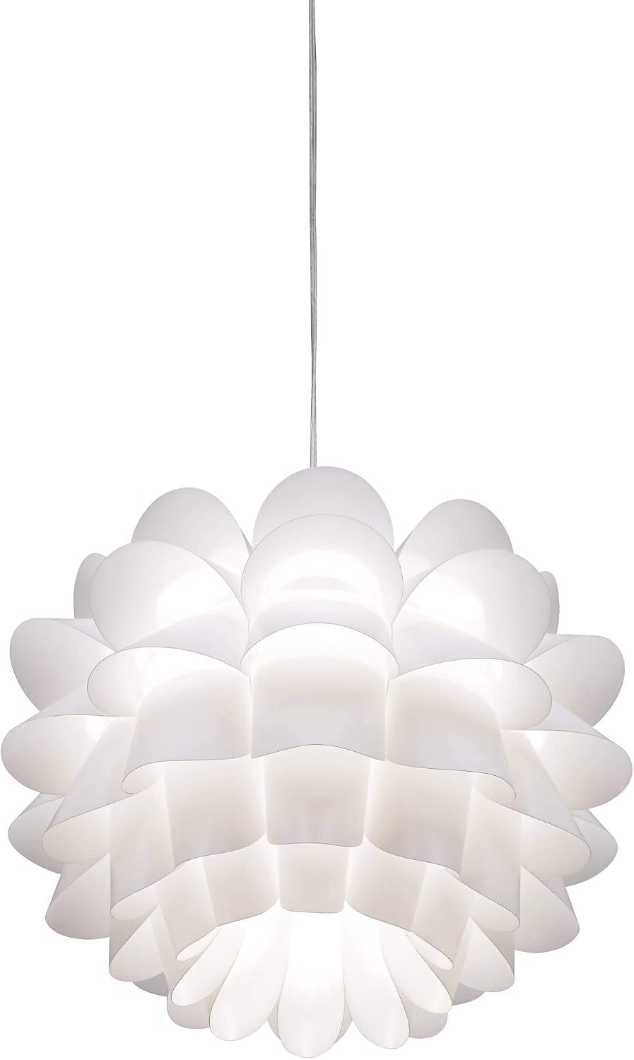 White floral pendant suspended on a clear cord with bright interior illumination and visible petal tiers