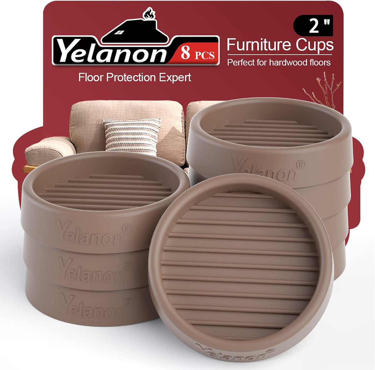 Stacked round brown rubber furniture cups with ribbed interiors shown on red product backing and a sofa backdrop.