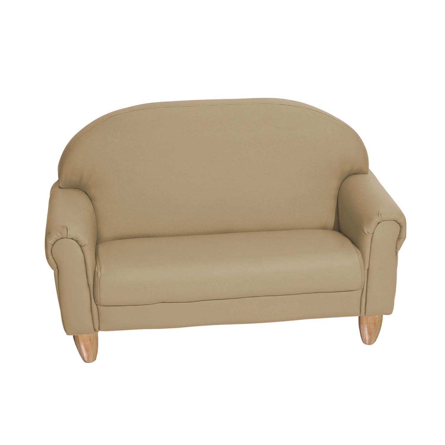 Front view of a tan two-seat kids sofa with a rounded back and wooden legs.