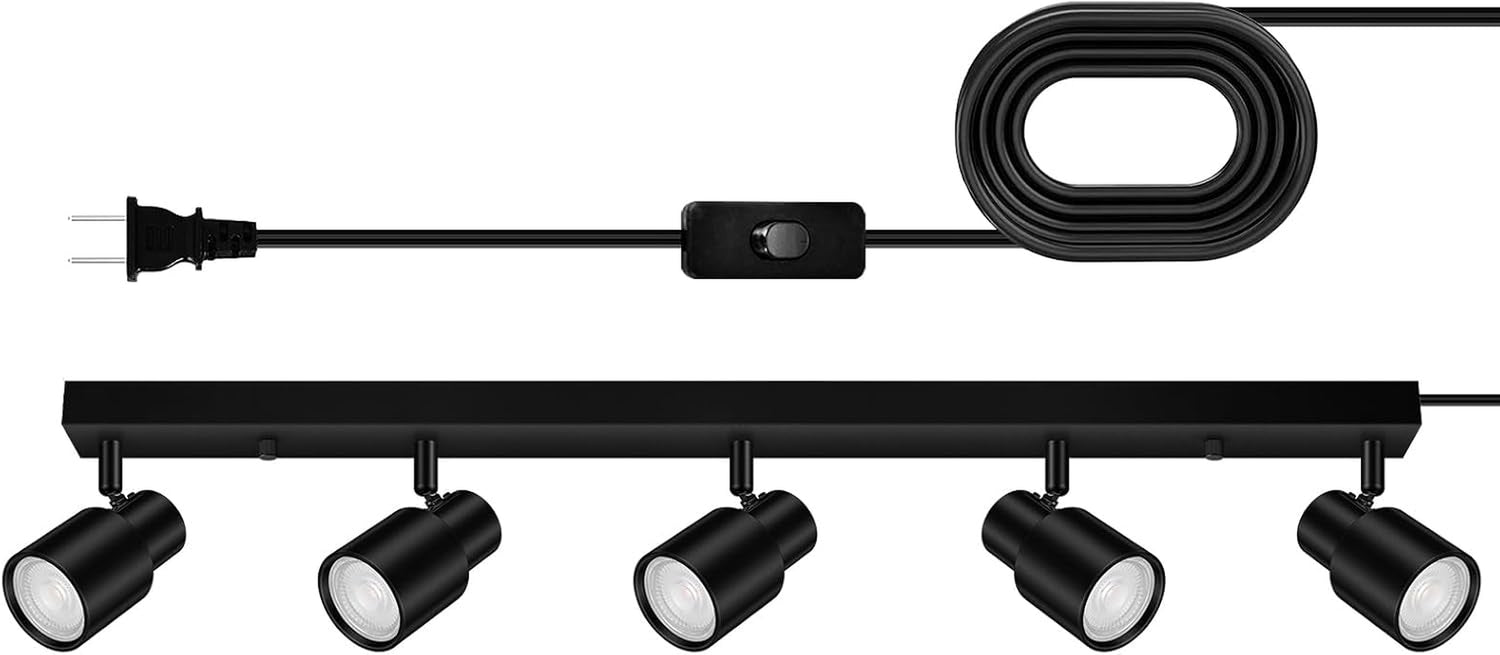 Full product layout showing a black five-head track light, inline switch, plug and coiled cord.