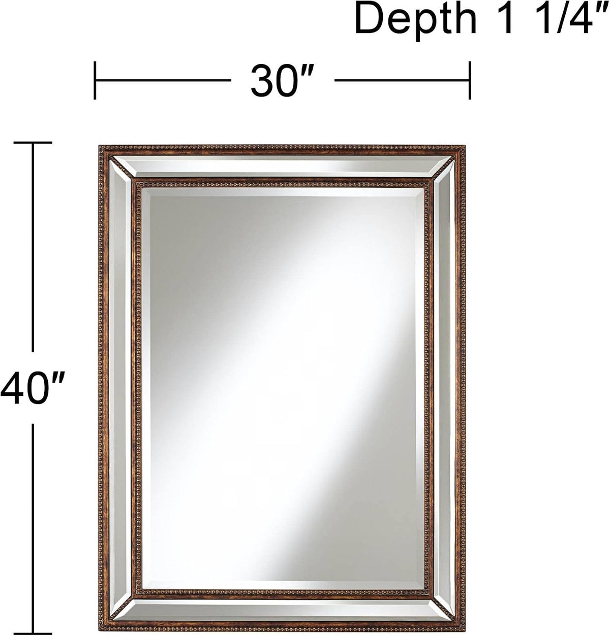 Dimension diagram of the mirror indicating 30" x 40" overall size and 1 1/4" depth with surrounding frame measurements