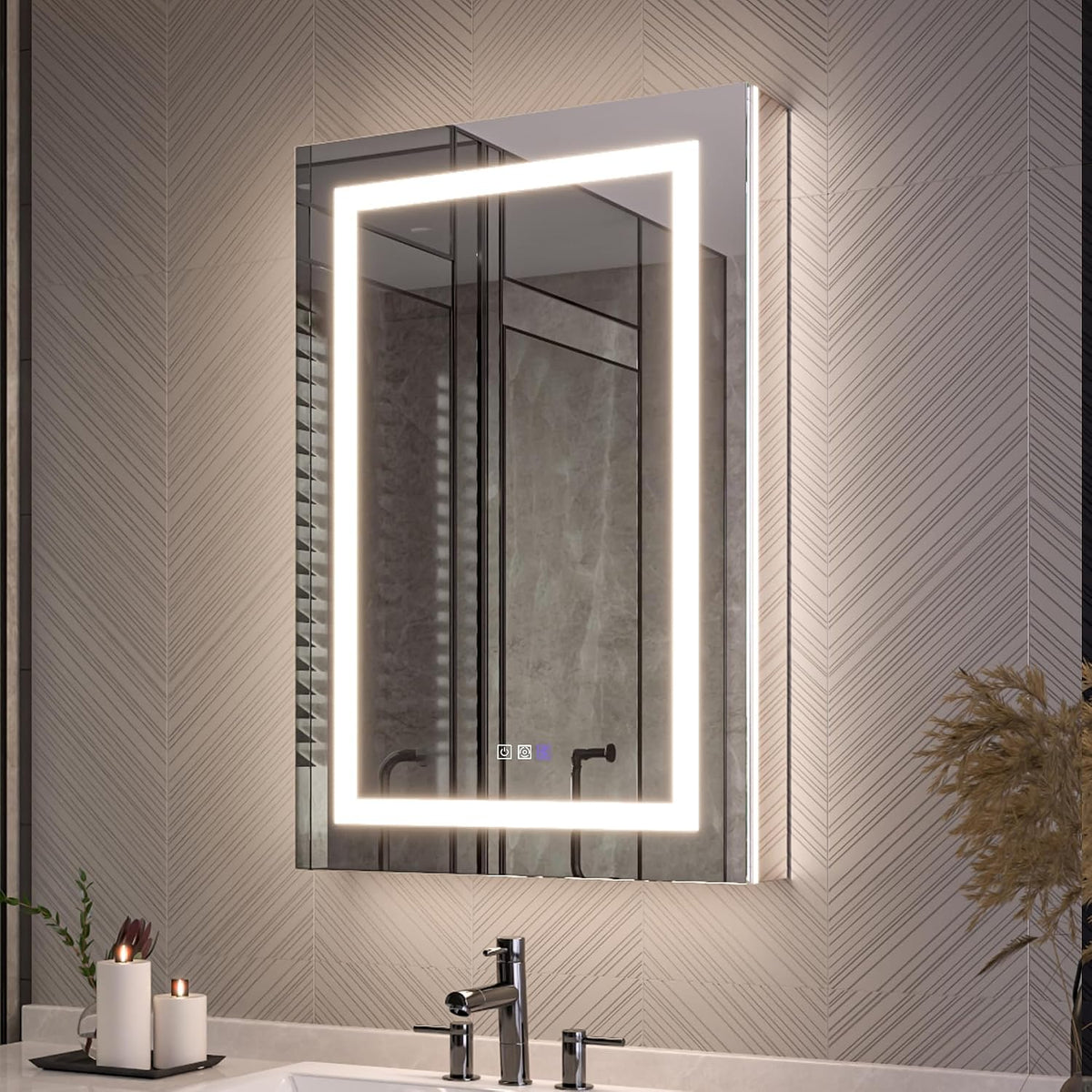 Single mirrored medicine cabinet with illuminated rectangular LED border above a sink and candles on countertop