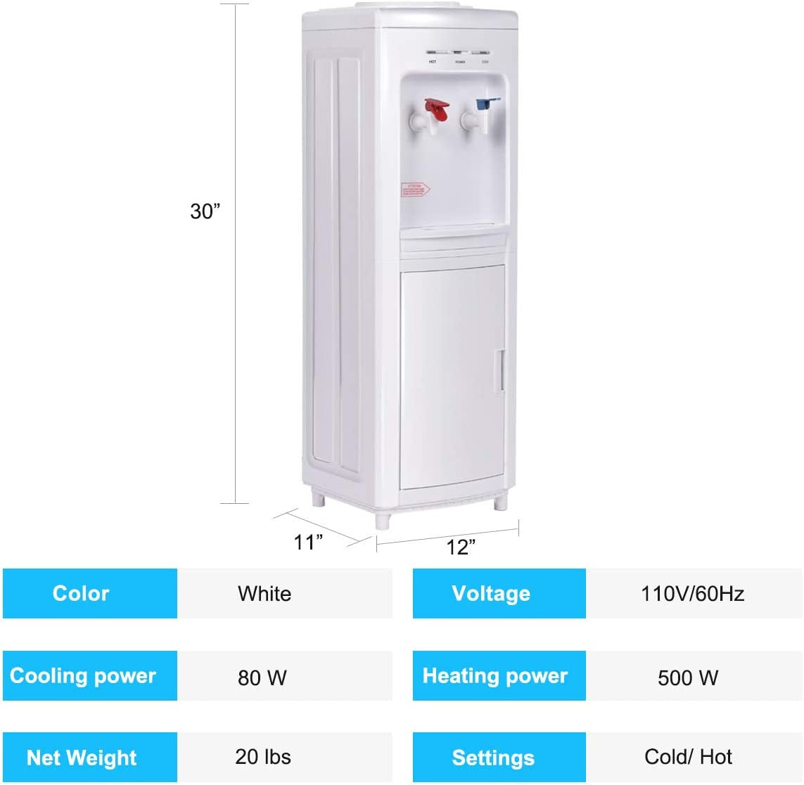 White water cooler shown with measurement guides and specification panels.