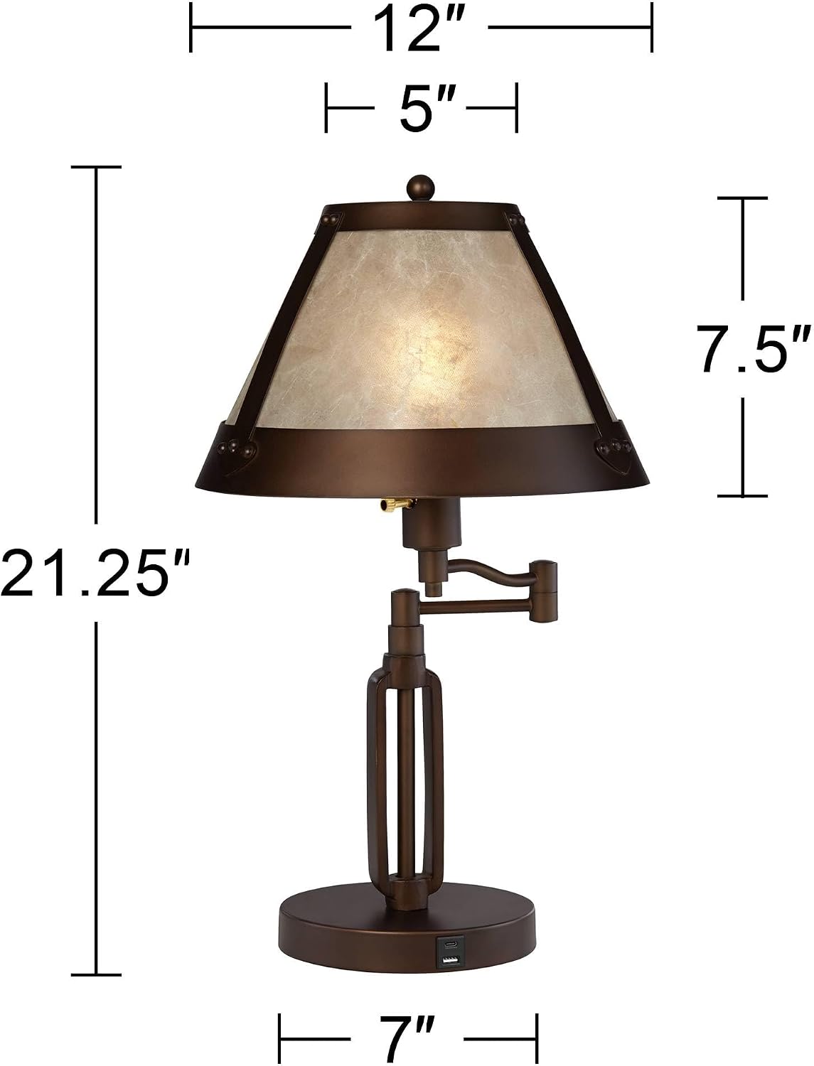 Full lamp with measurement overlays showing 21.25" height, 5" top and 12" bottom shade dimensions