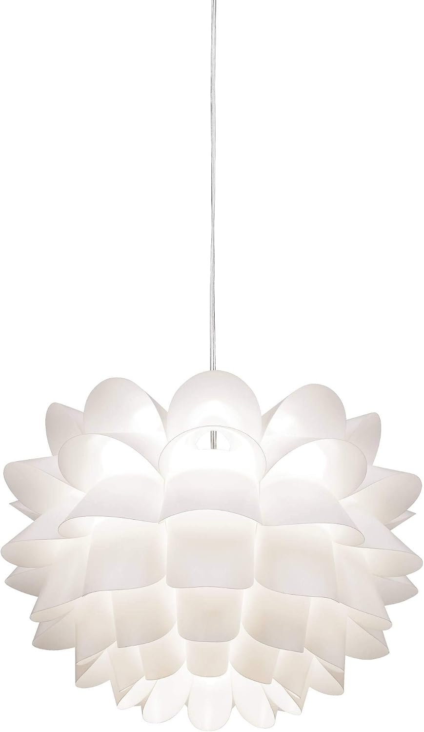 Front view of white flower pendant chandelier suspended from a white cord on a white background