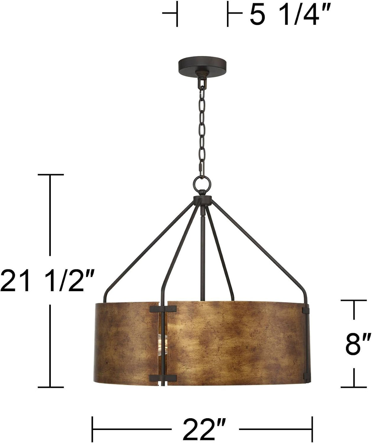 Full front view with dimensional callouts showing 22" diameter and 21 1/2" overall height of the drum pendant