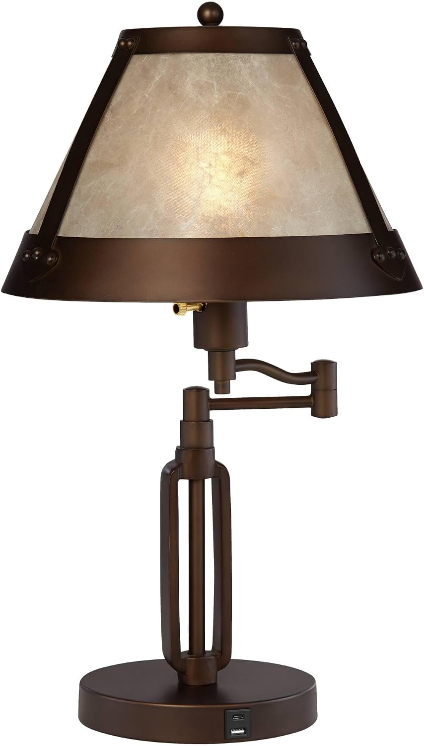 Bronze finish desk lamp with mica shade and adjustable swing arm, front view on a white background