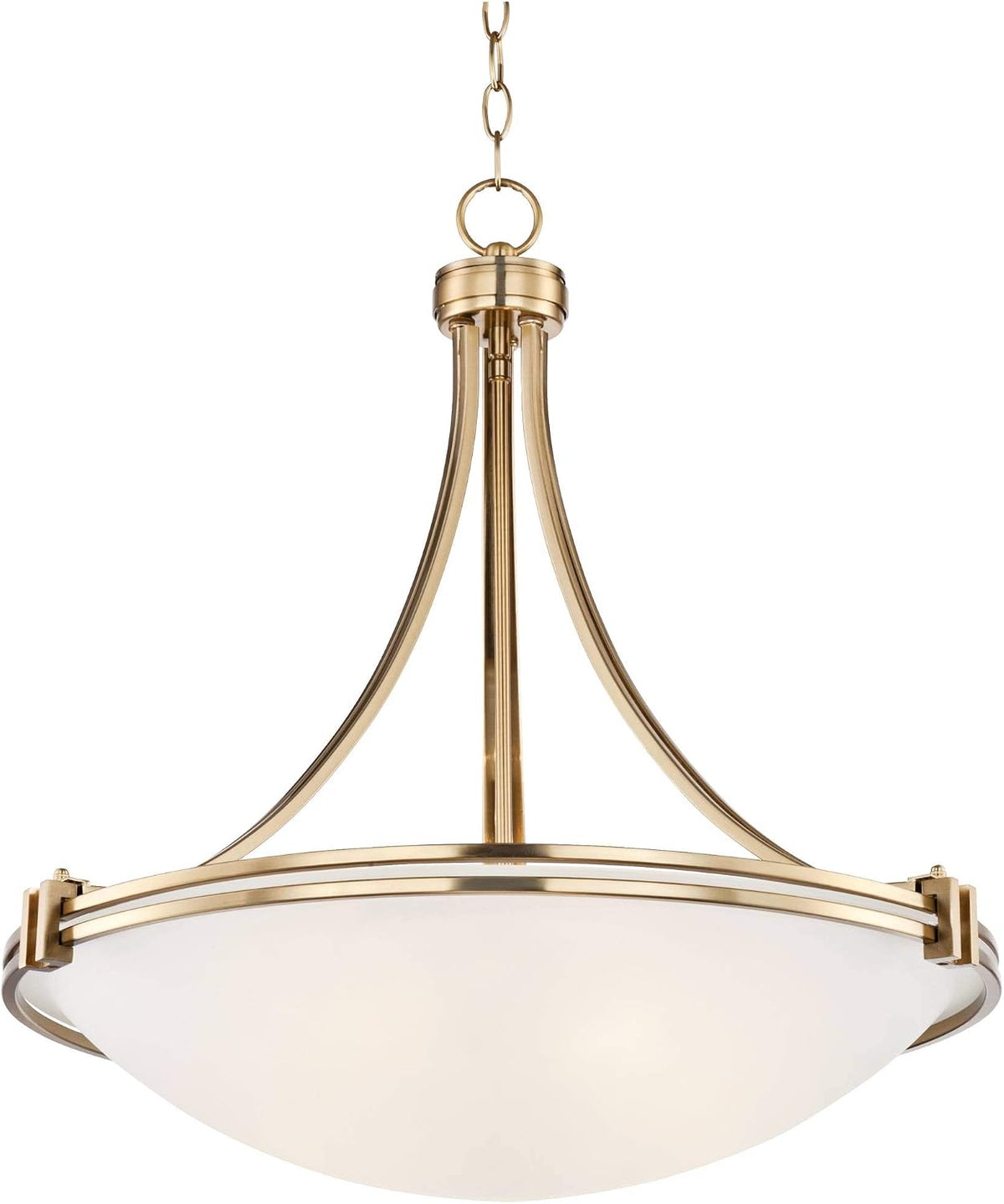 Front view of warm brass pendant showing curved arms and satin white glass bowl