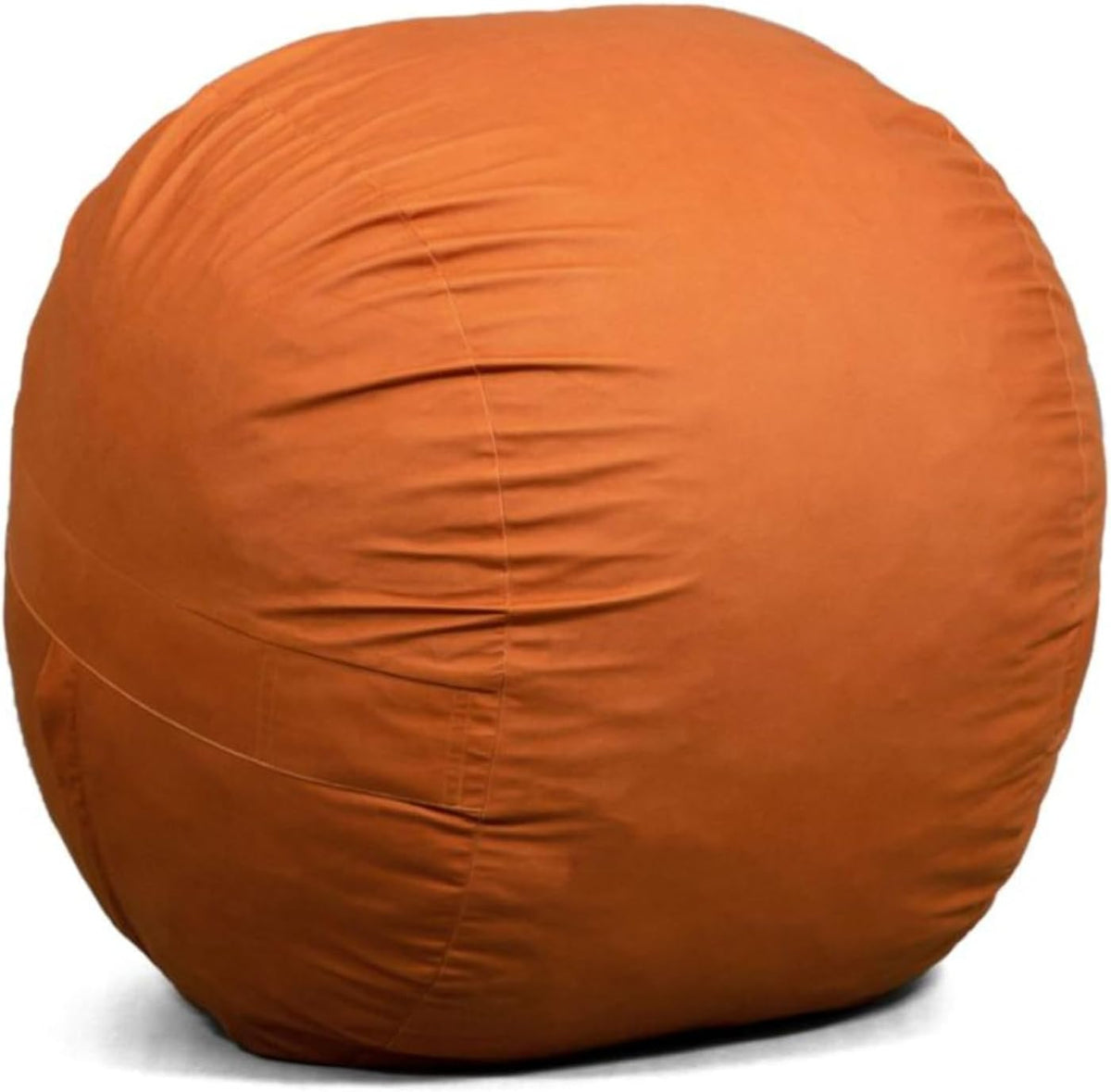 Front view of a large round bean bag in smooth orange fabric showing seam lines.