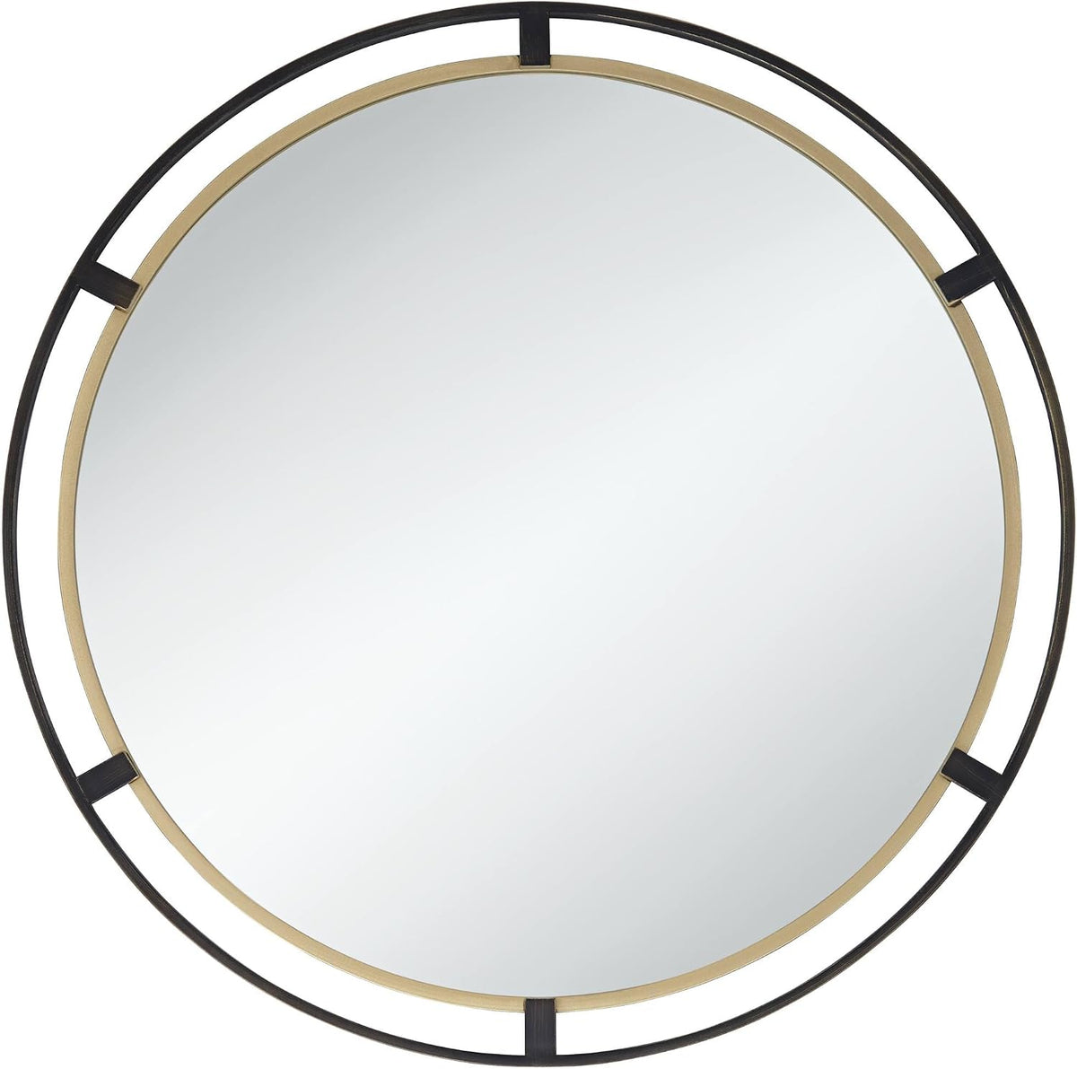 Full-face round mirror showing gold inner ring and open rustic bronze outer ring, centered front view