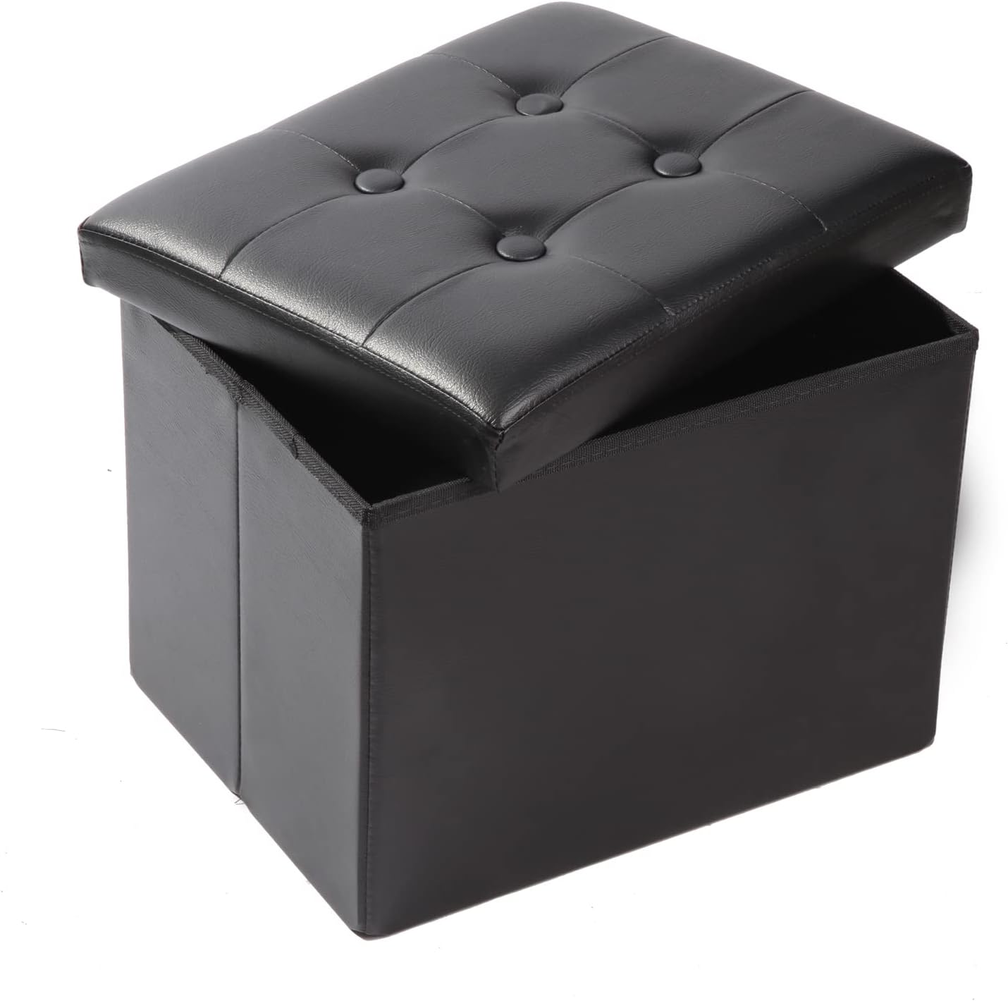 Square storage ottoman with tufted removable lid shown propped open, dark grey exterior and interior visible