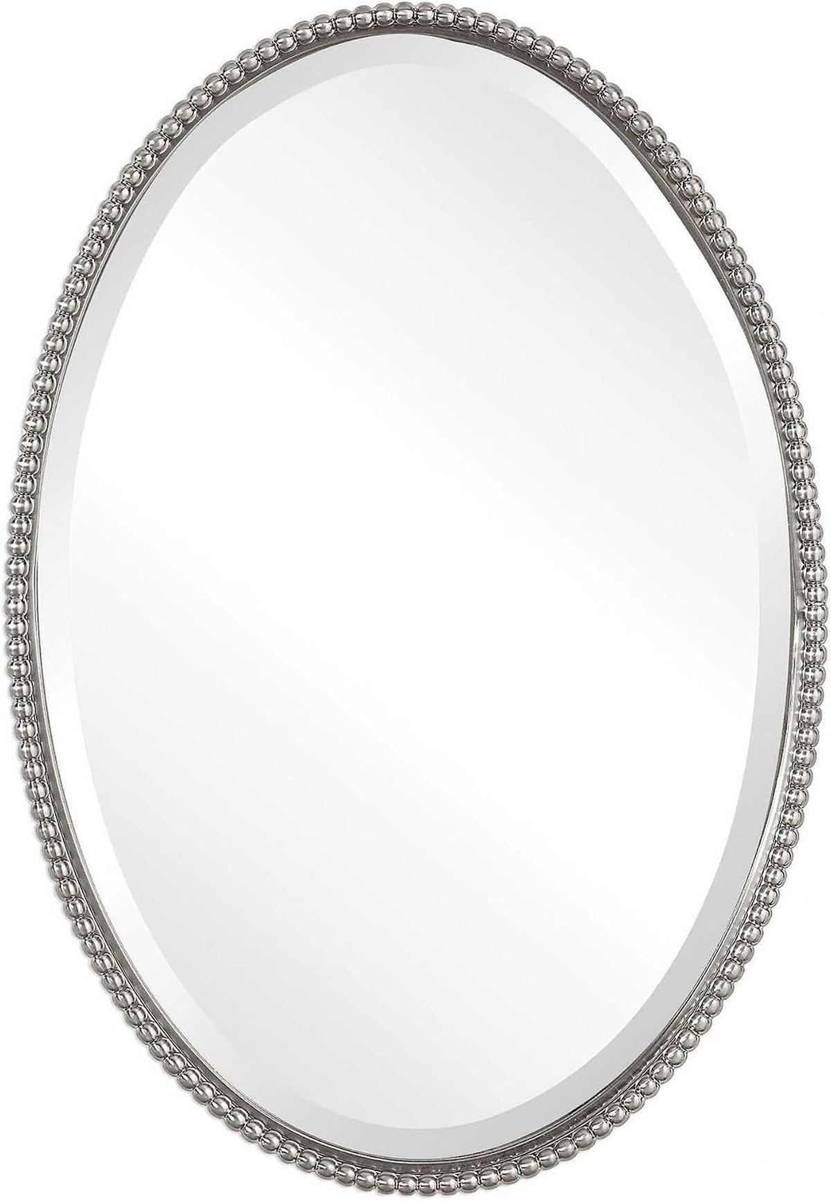 Brushed nickel oval mirror with beaded frame, shown straight on