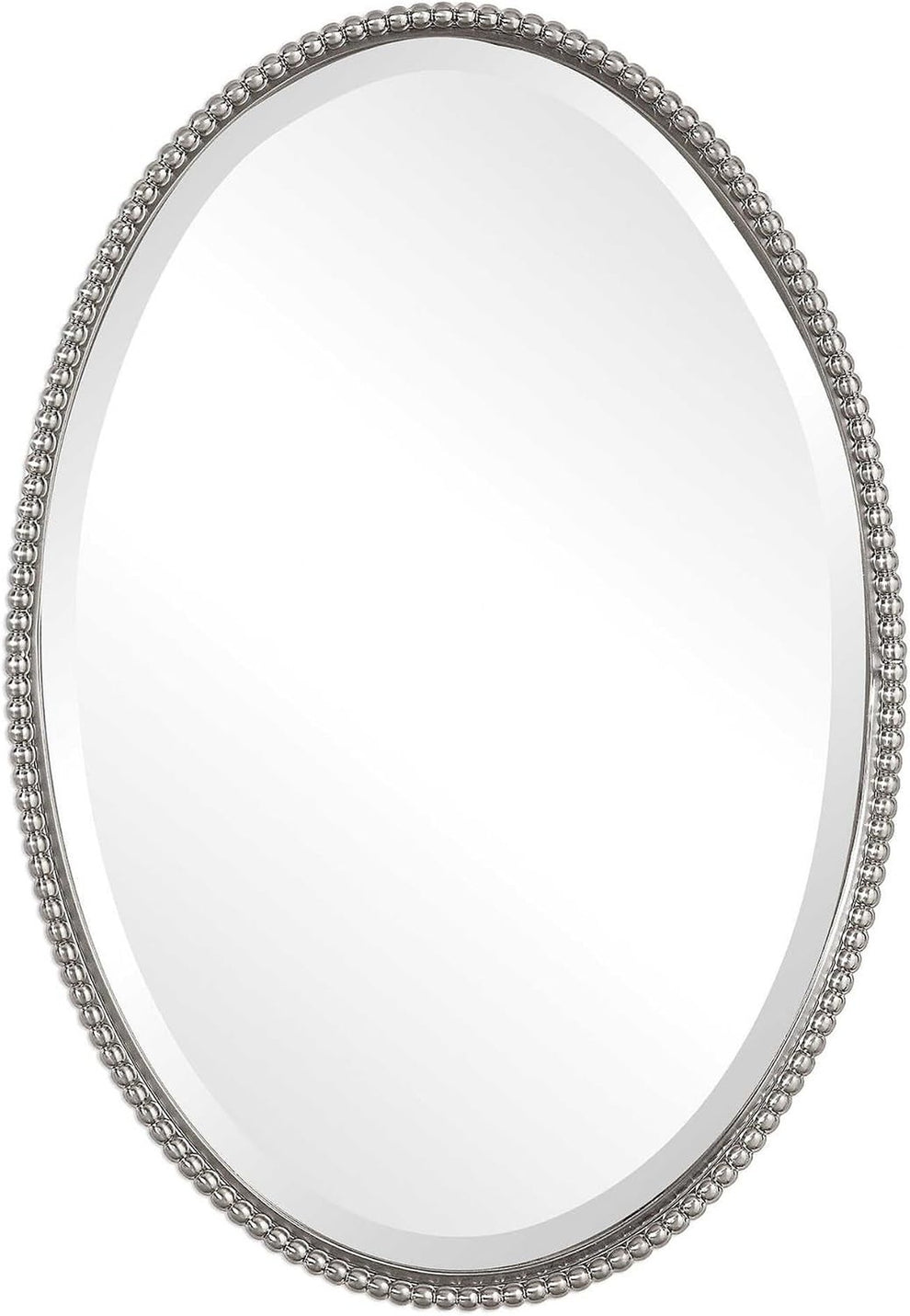 Brushed nickel oval mirror with beaded frame, shown straight on