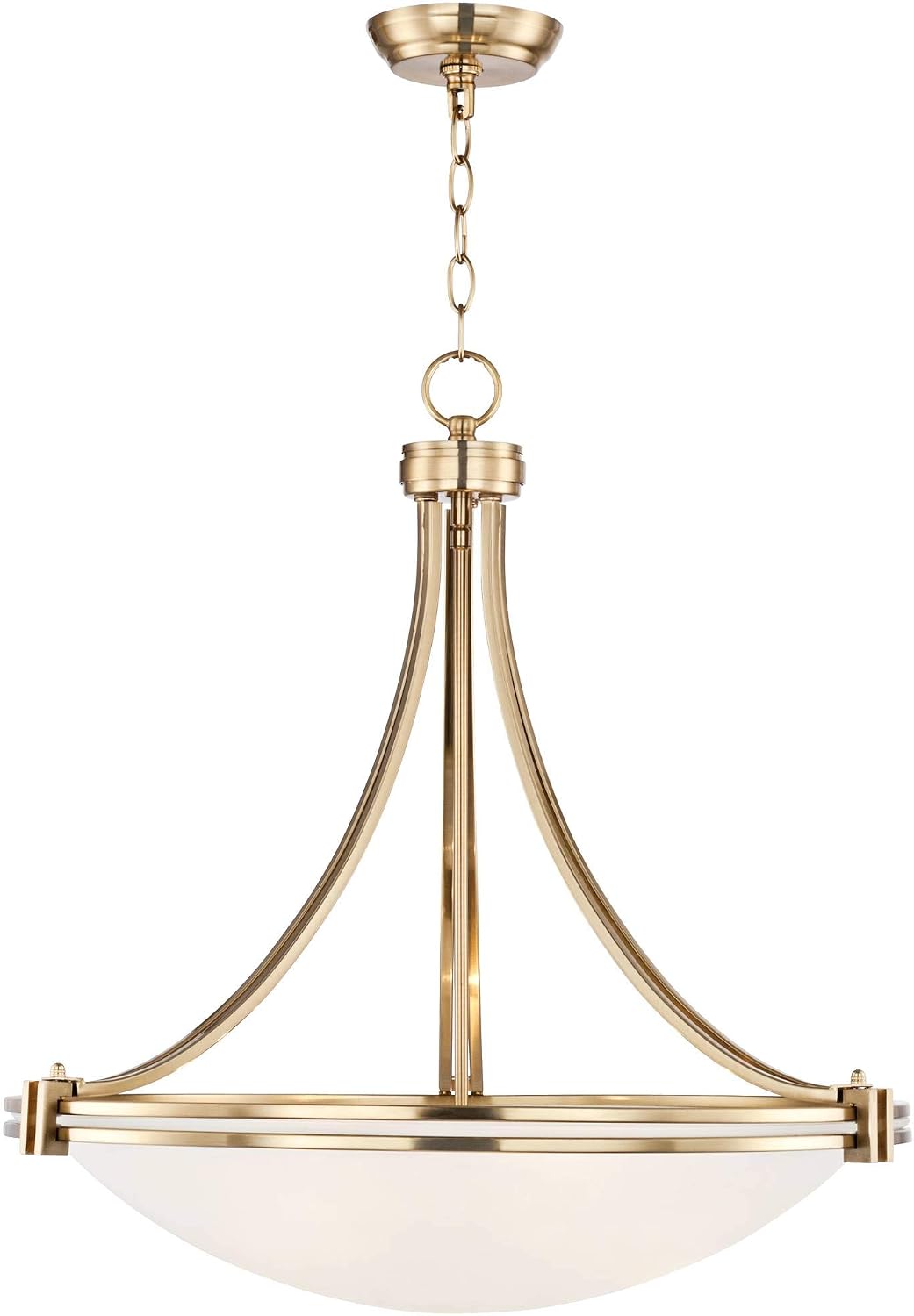 Full hanging view of the pendant showing warm brass finish, curved arms, and satin white glass bowl