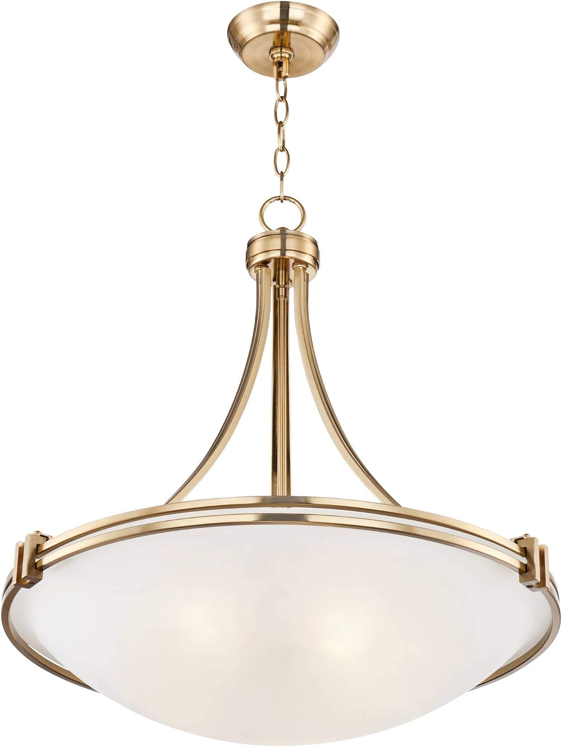 Low-angle close-up of the pendant showing the underside of the frosted glass bowl and warm brass curved arms.