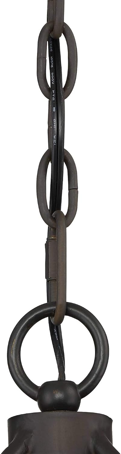 Close-up of linked metal chain and hanging ring with the black electrical cord threaded through the links.
