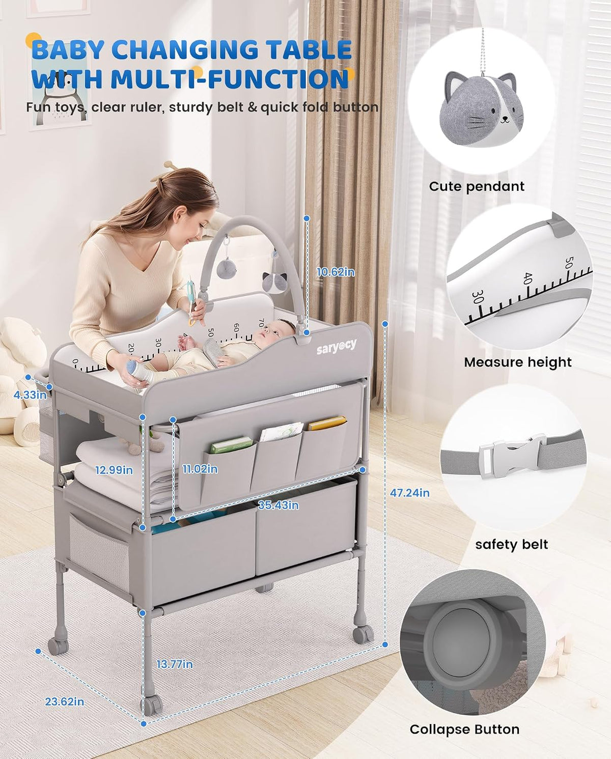 Mother leaning over infant on the changing table with ruler markings, safety belt and collapse button shown in callouts.