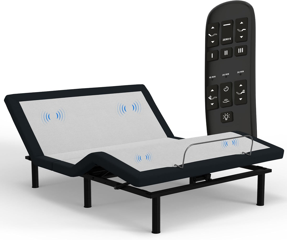 Black adjustable bed base with white fabric deck, metal mattress retainer and remote shown front-angled