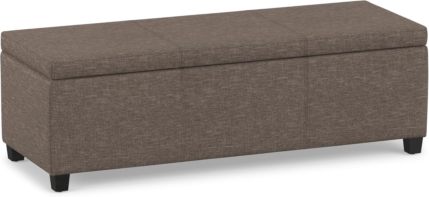 Rectangular brown linen-look fabric storage ottoman with subtle top seams and dark legs, front perspective.