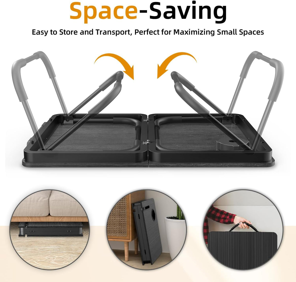 Top-down view of the desk folded flat with animated leg movement arrows and three circular storage use images below