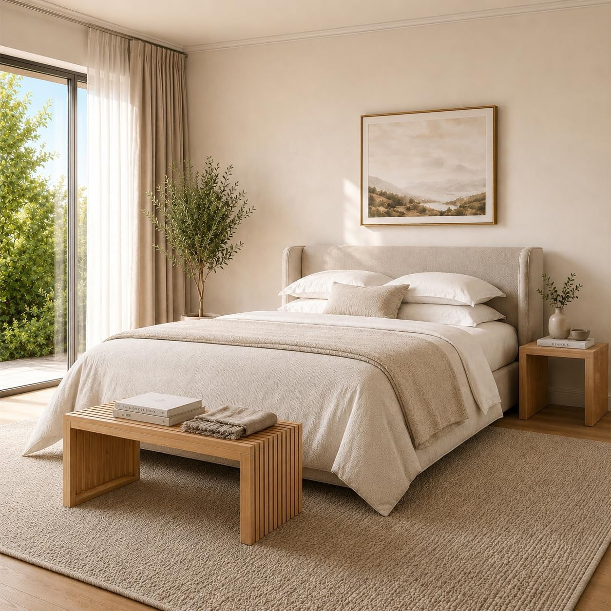 Natural bamboo bench styled at the foot of a bed in a neutral-toned bedroom setting