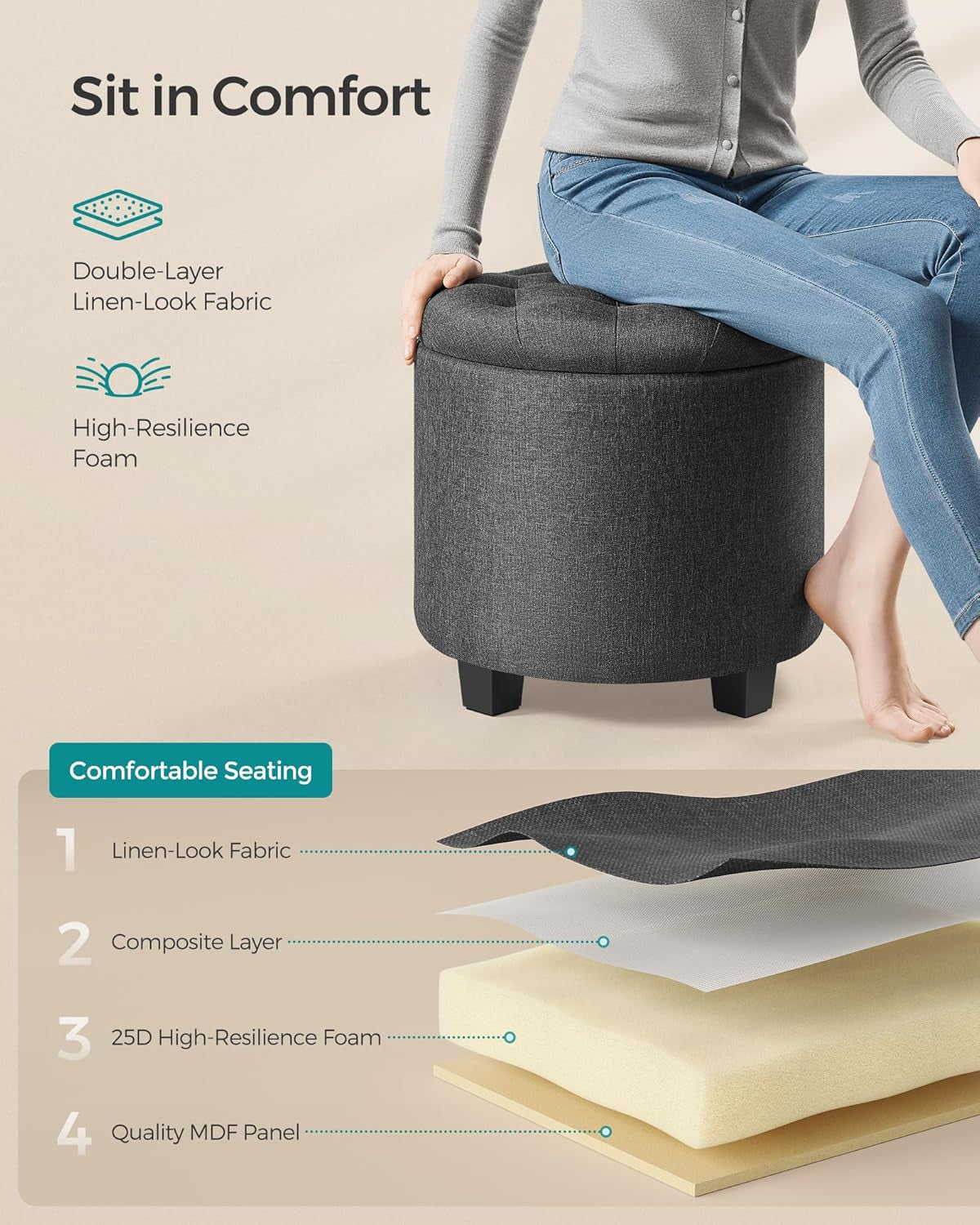 Person sitting on the dark gray round ottoman illustrating double-layer linen-look fabric and foam
